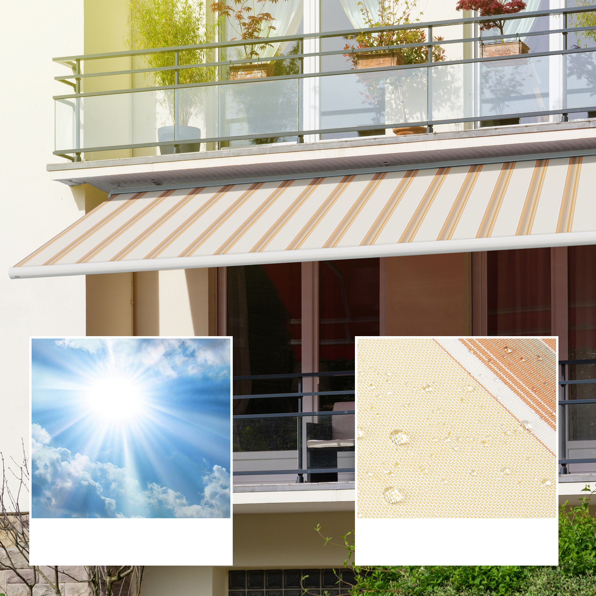 Kassettenmarkise Curve 2000 an einem Balkon, wetterfest und wasserabweisend