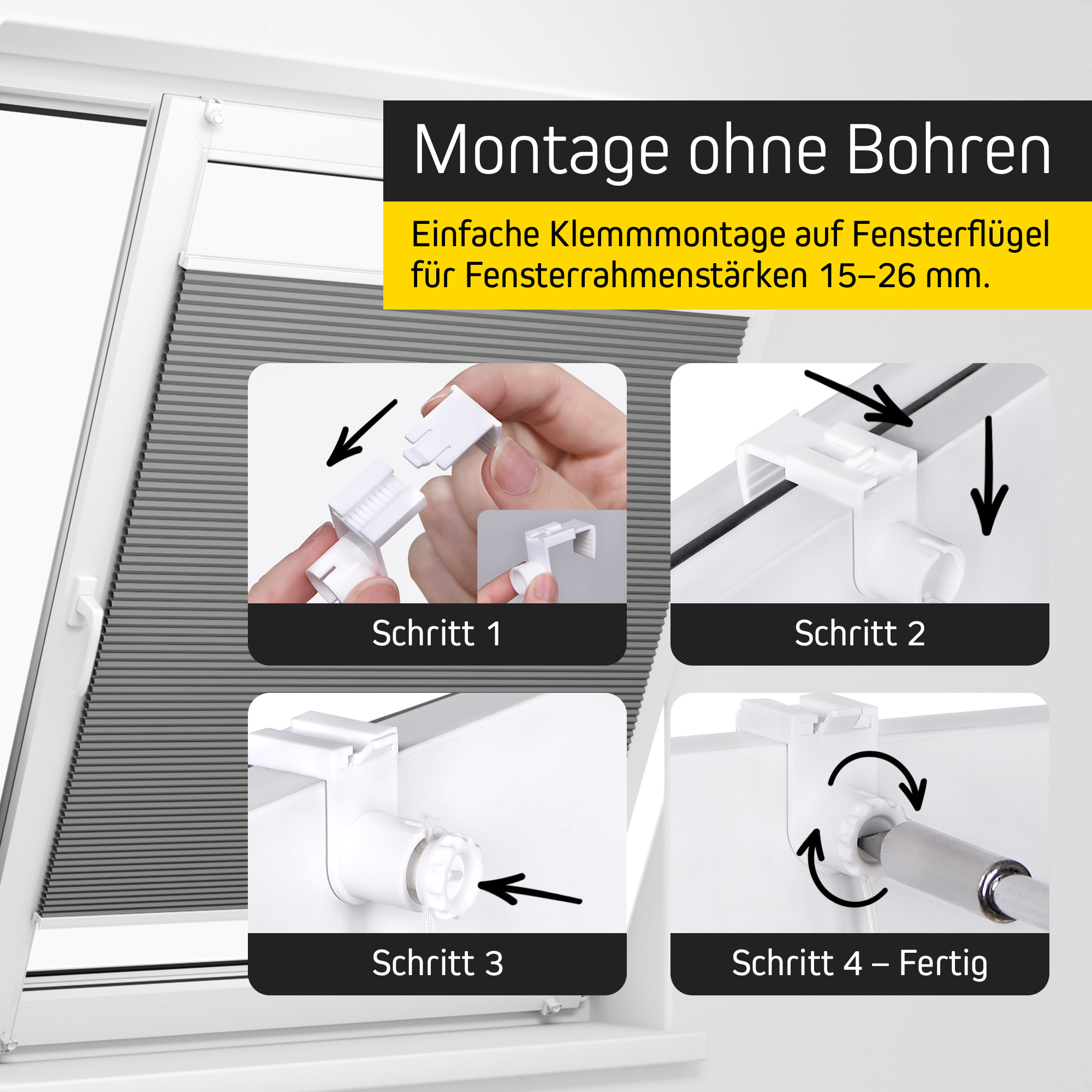 Montageanleitung für Wabenplissee ohne Bohren an Fensterflügel mit Klemmbefestigung