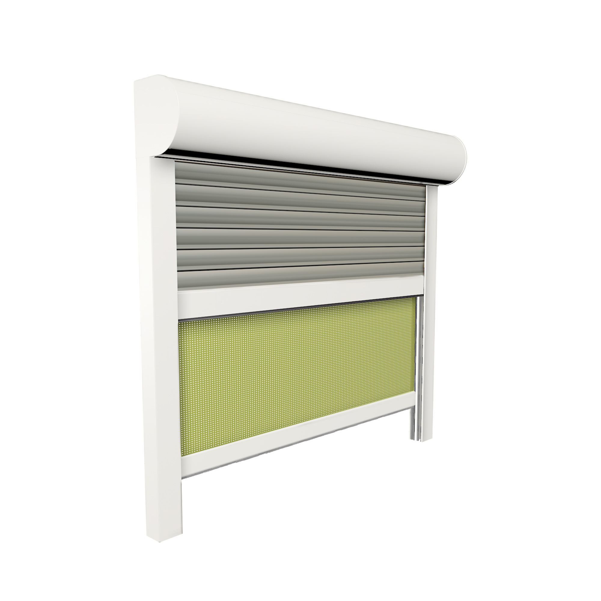 Vorbaurollladen mit integriertem Insektenschutz- und Screen-Rollo, seitliche Führungsschienen