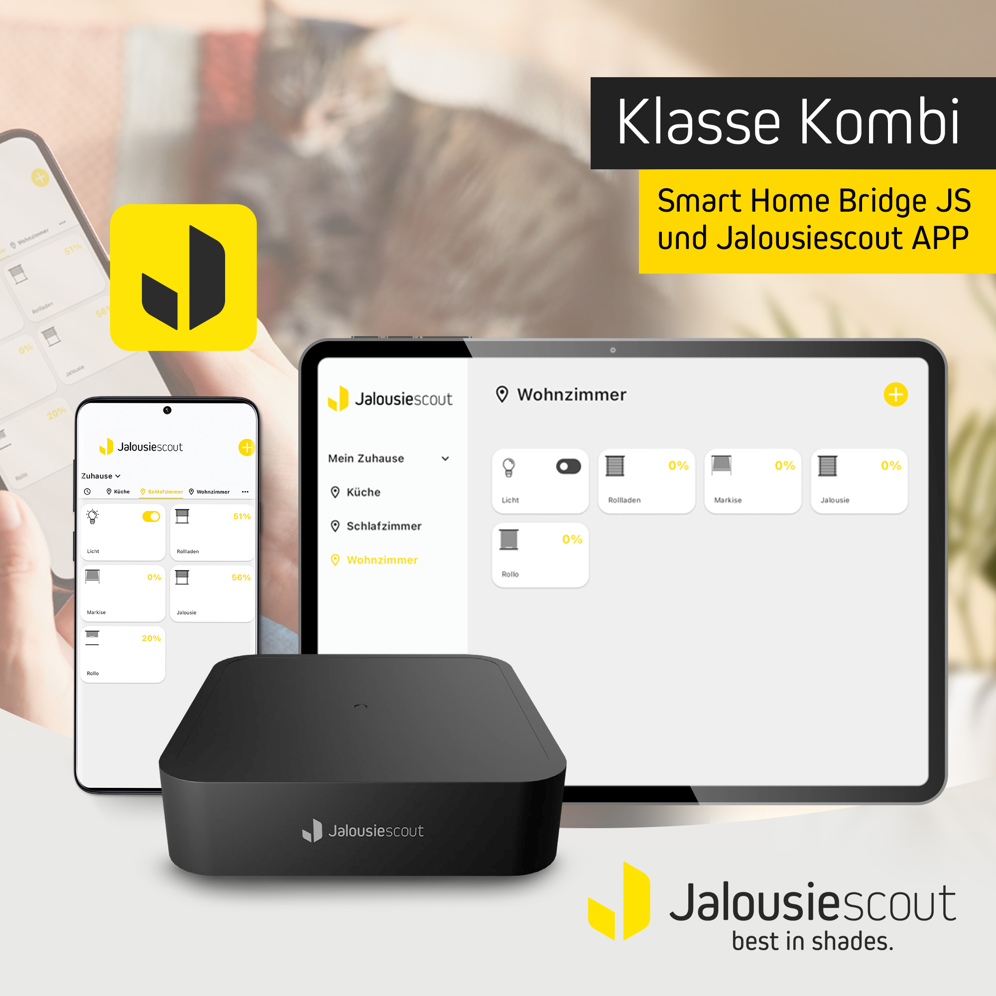 Smart-Home-Bridge mit App-Steuerung für Jalousien und Licht im Wohnzimmer