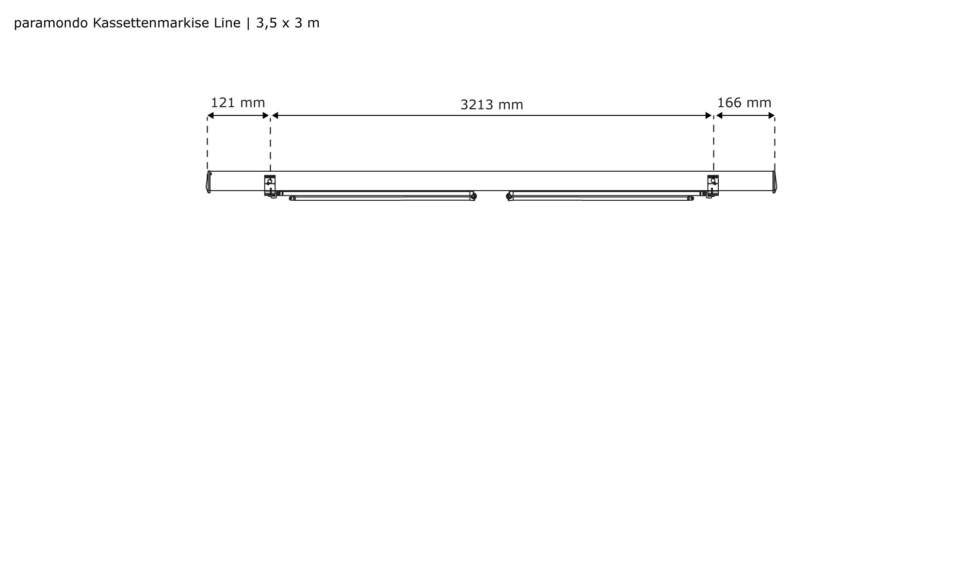 Diagramm einer Kassettenmarkise Line mit Abmessungen und Aufbauansicht