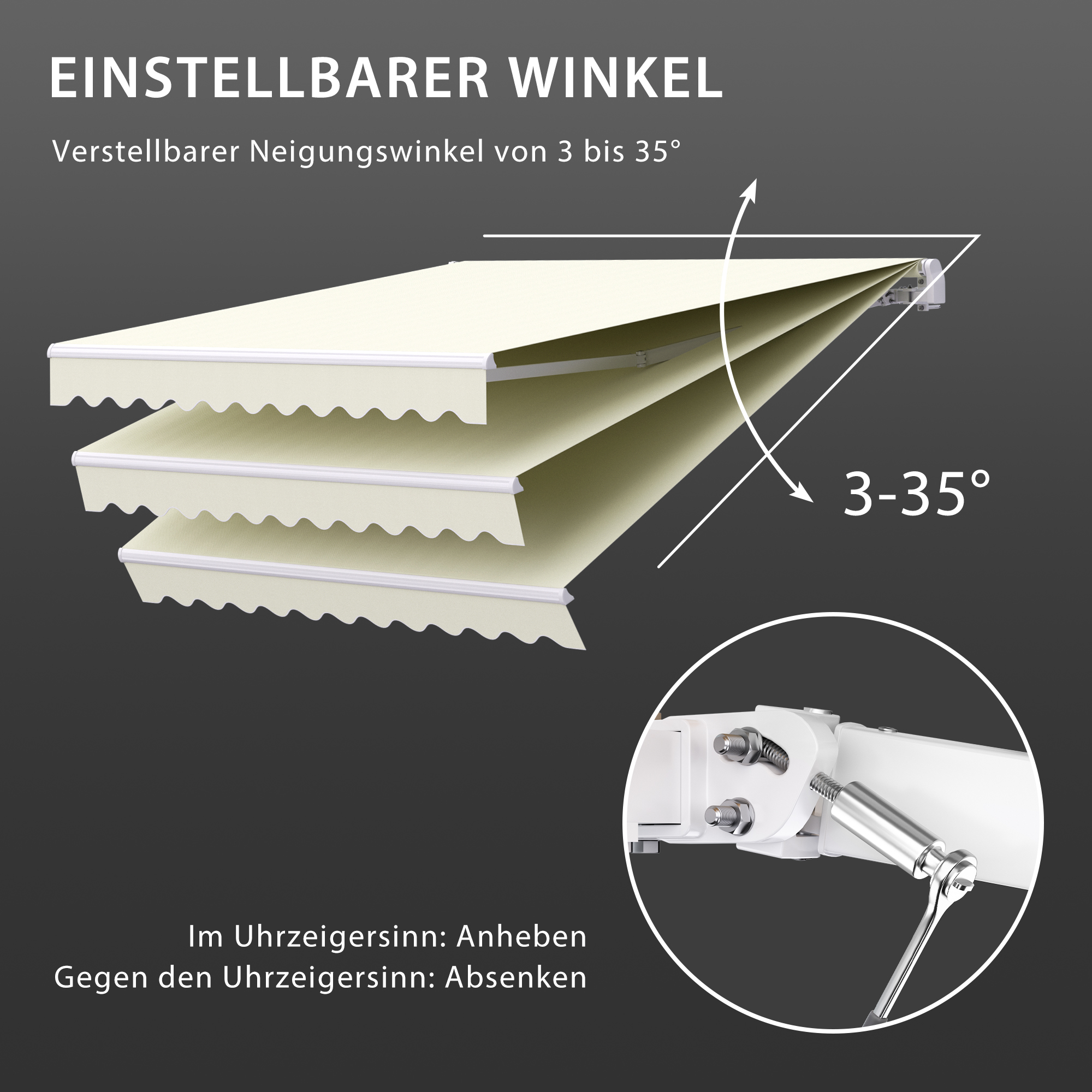 Verstellbare Markise mit Neigungswinkel von 3 bis 35 Grad, Hebelmechanismus zur Einstellung