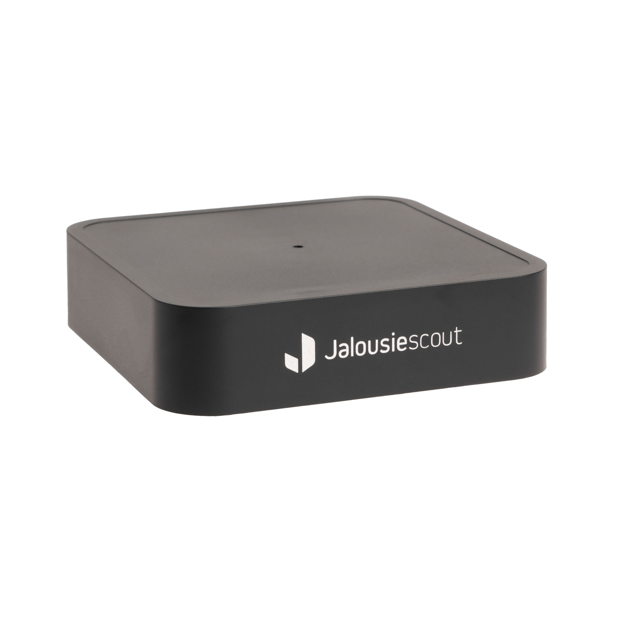 Smart-Home-Bridge mit Matter-Standard, rechteckiges Gehäuse, Jalousiescout-Logo