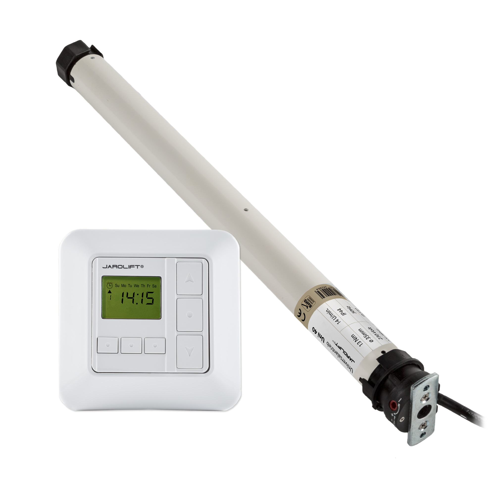 Rollladenmotor mit Steuerung und Kabel für automatisierte Rollladenbedienung