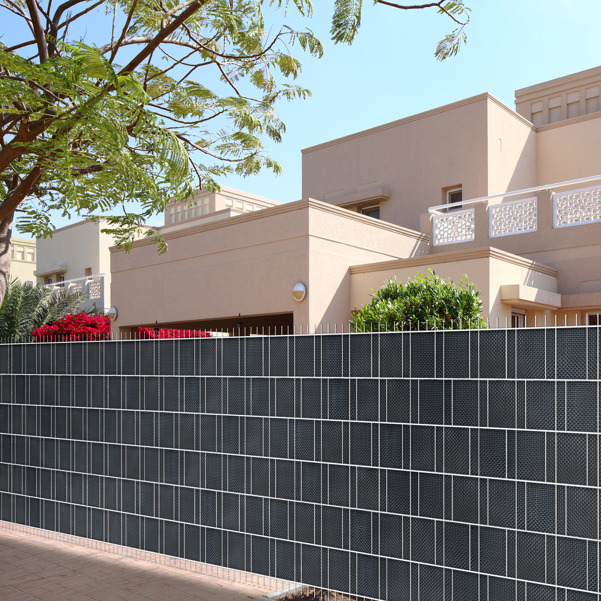 PVC-Rattan Sichtschutzstreifen | 19 cm x 2,6 m, inkl. 25 Befestigungsclips, anthrazit, 10 Stück