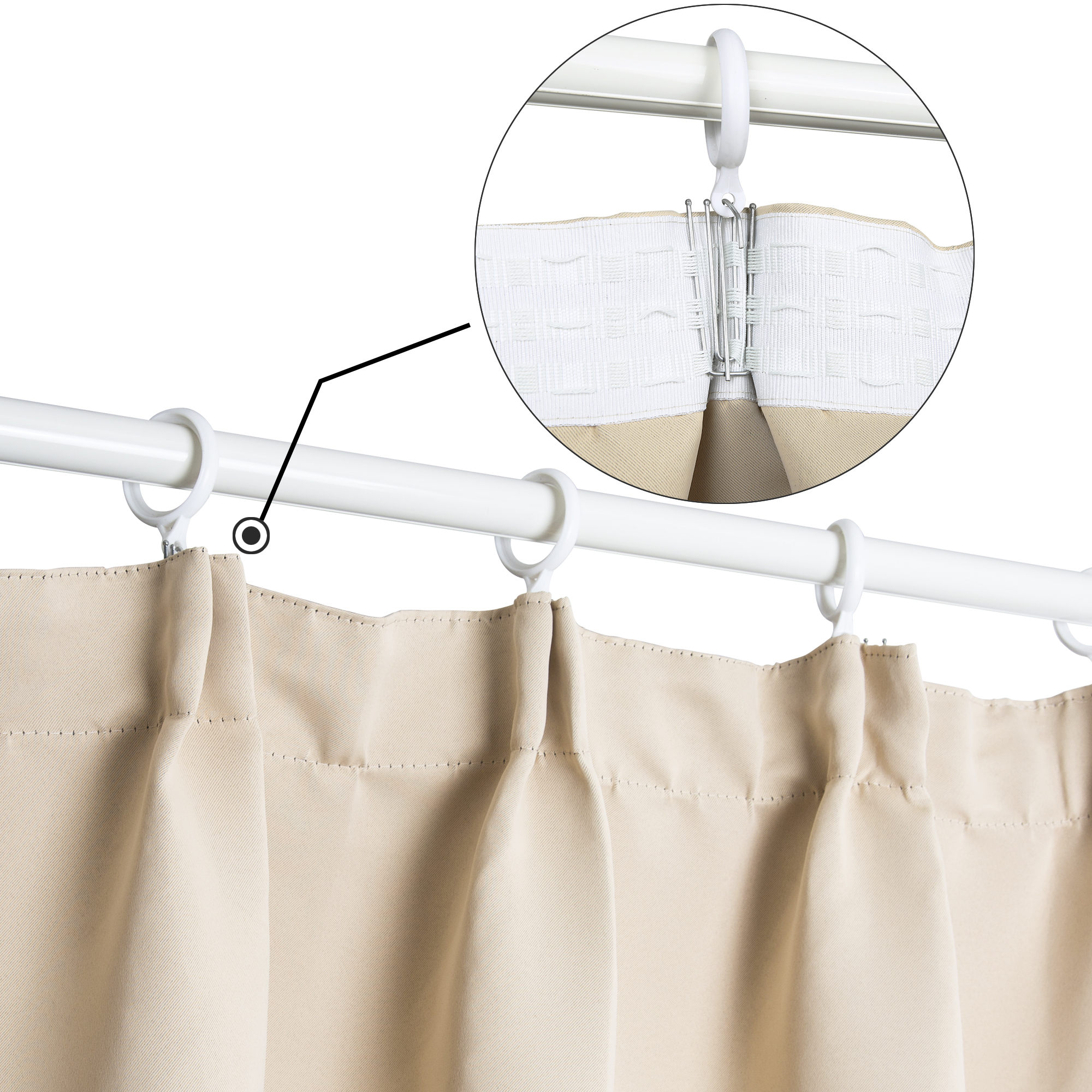 slider_image_9c2e86d32fdd48358e3d88ea441c33b9 Vorhang mit Kräuselband an Stange, Detailansicht der Aufhängung mit Ringen und Haken