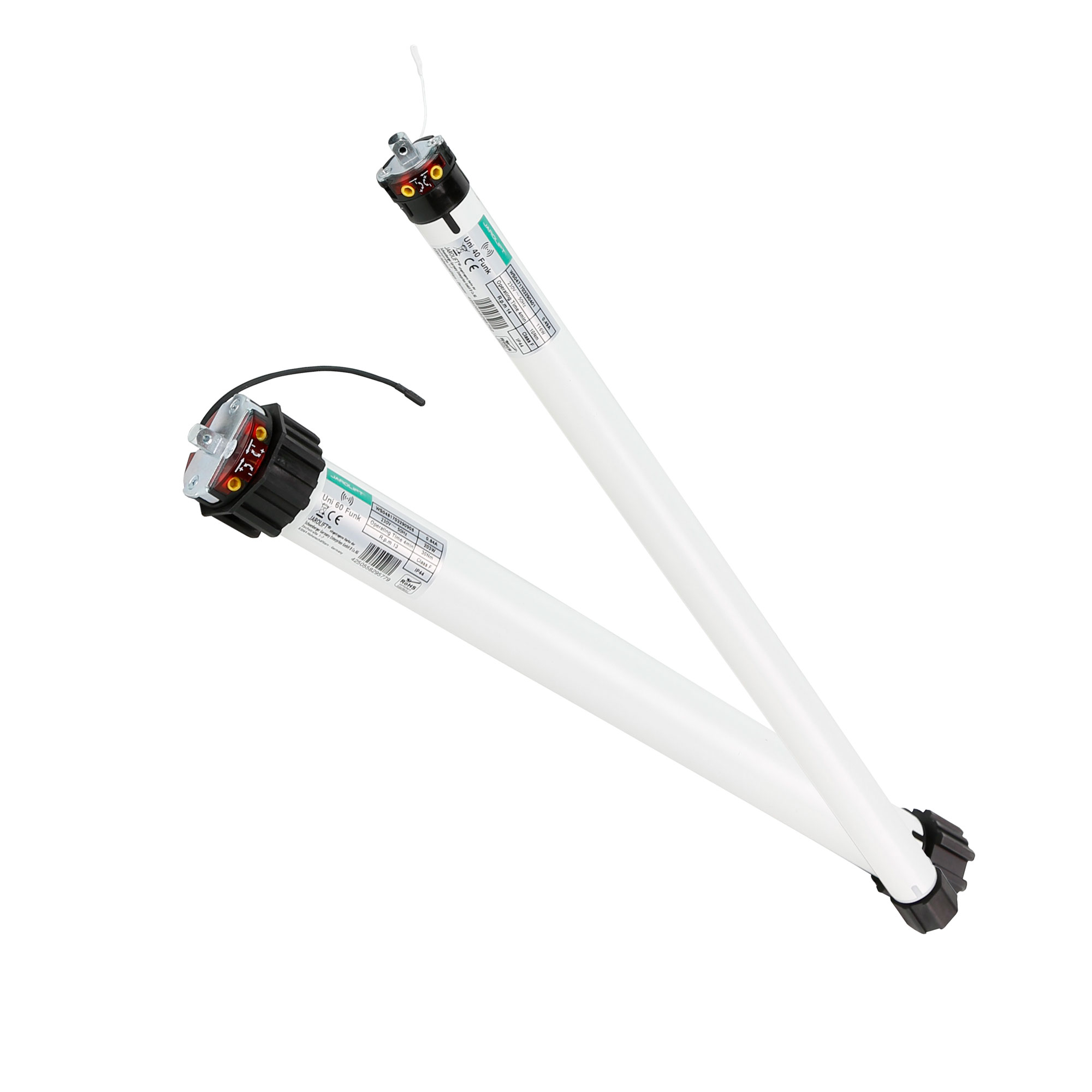 Zwei zylindrische Funk-Rollladenmotoren mit Kabelanschlüssen und Beschriftungen