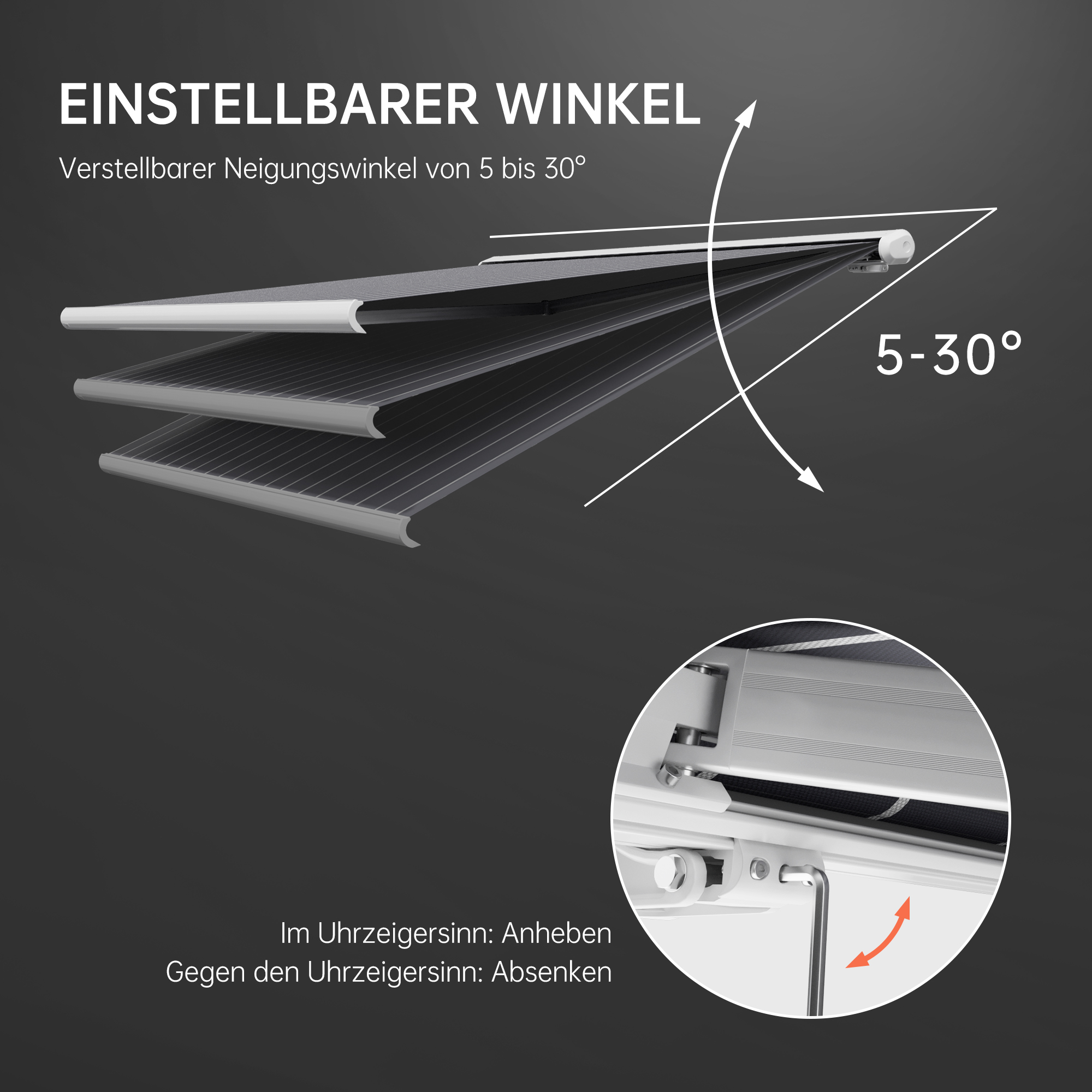 Kassettenmarkise mit verstellbarem Neigungswinkel von 5 bis 30 Grad
