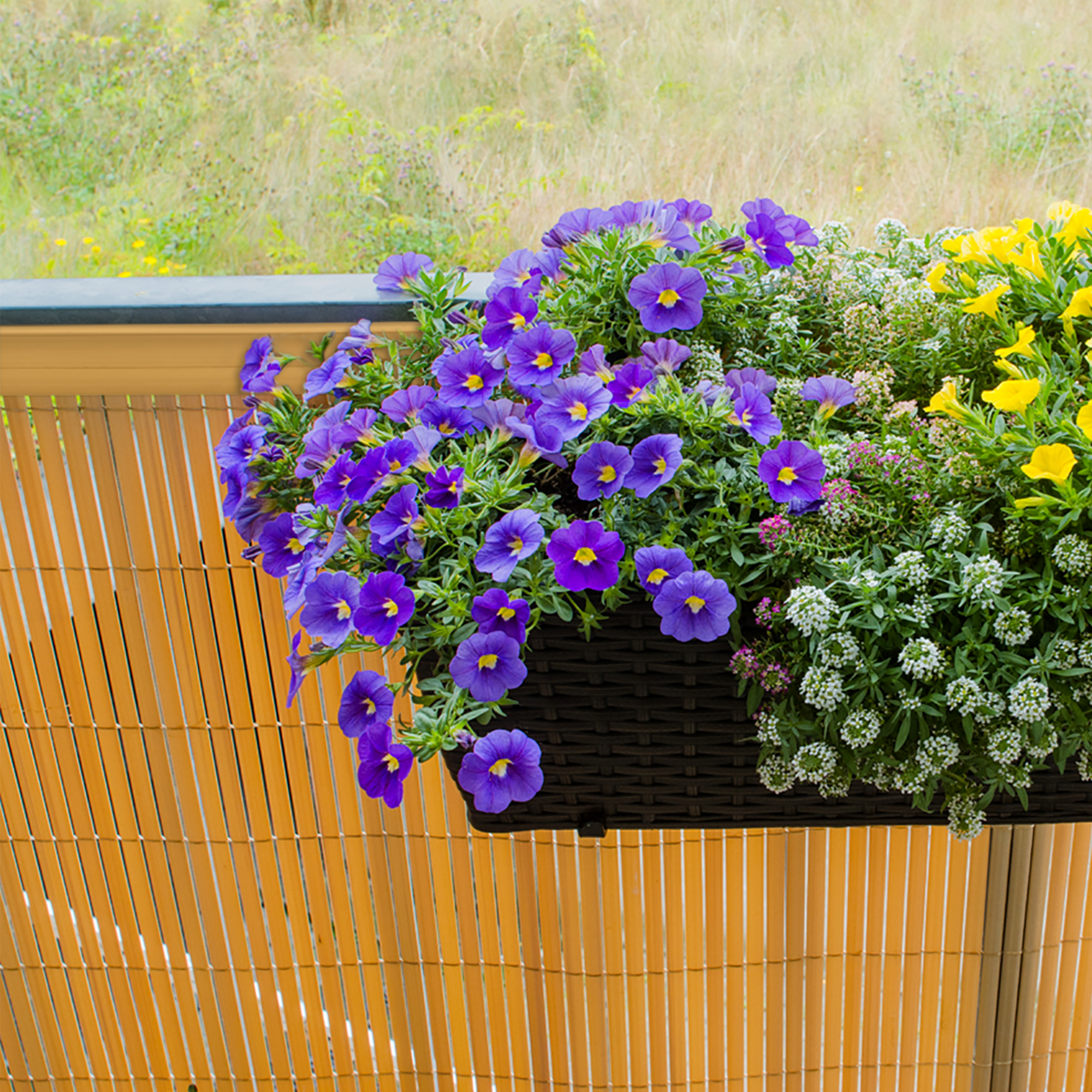 slider_image_e225ba99dd1c44baa23326d52f3fb79e PVC Abdeckprofil auf Sichtschutzmatte mit Blumenkasten im Vordergrund