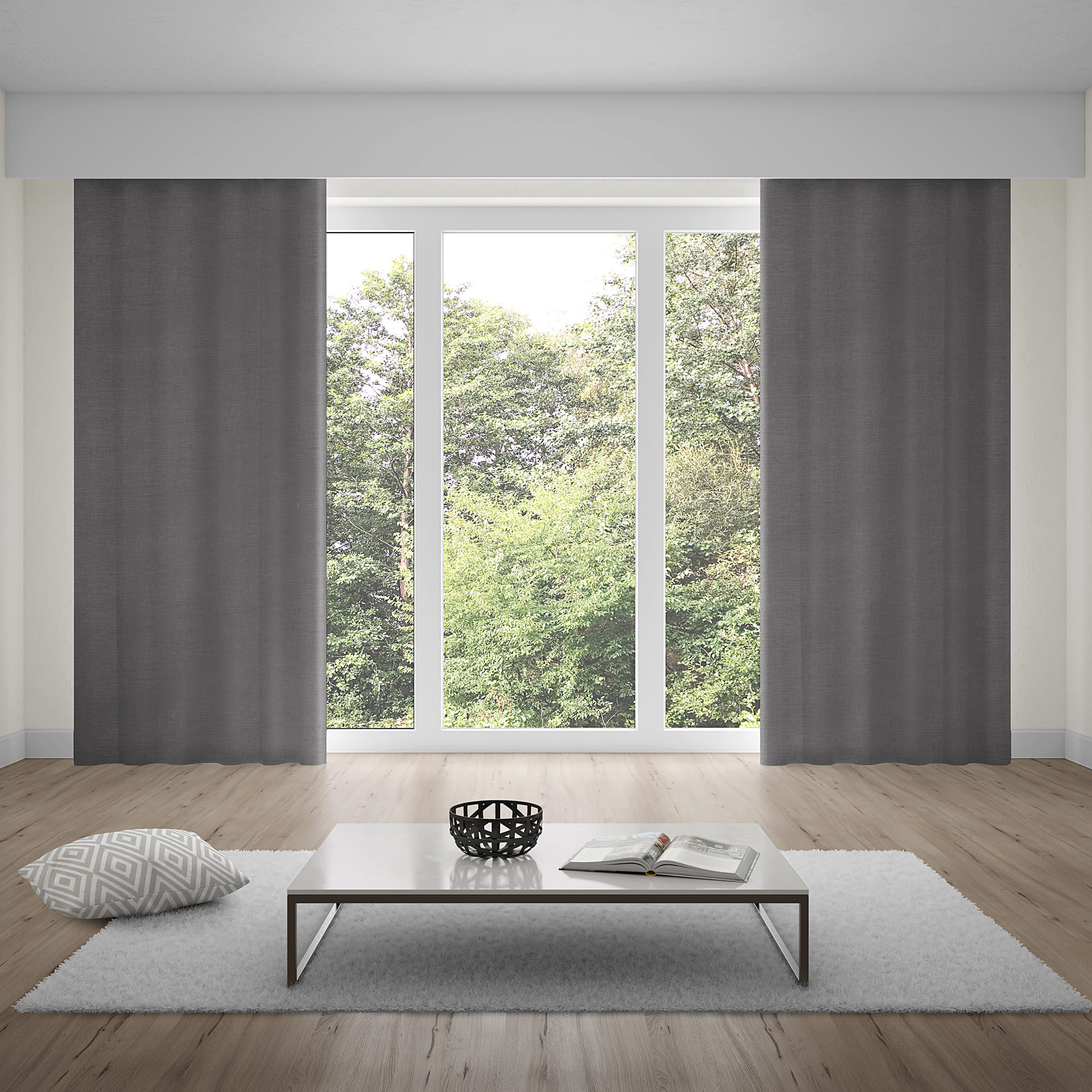 Thermo-Vorhang mit Kombiband vor Fenster in modernem Raum mit Tisch und Kissen