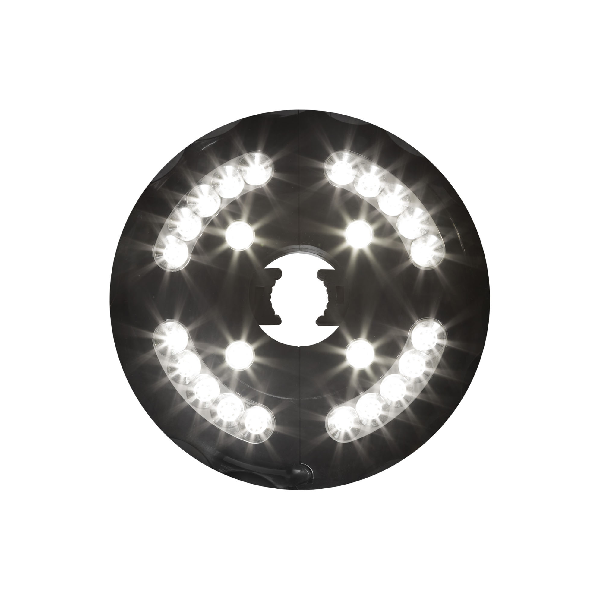 Runde LED-Leuchte für Sonnenschirme mit zentraler Öffnung und mehreren Leuchtpunkten