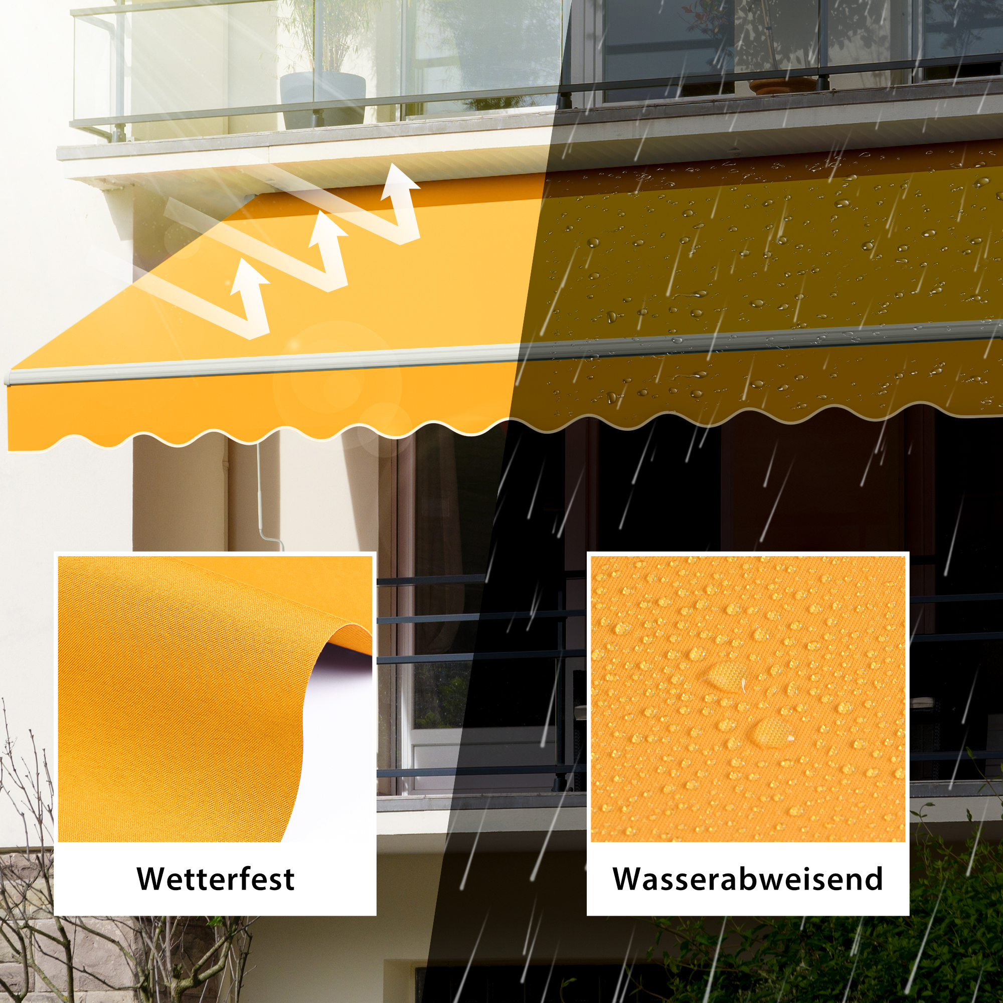 Gelenkarmmarkise Basic 2000 an einem Balkon, wetterfest und wasserabweisend