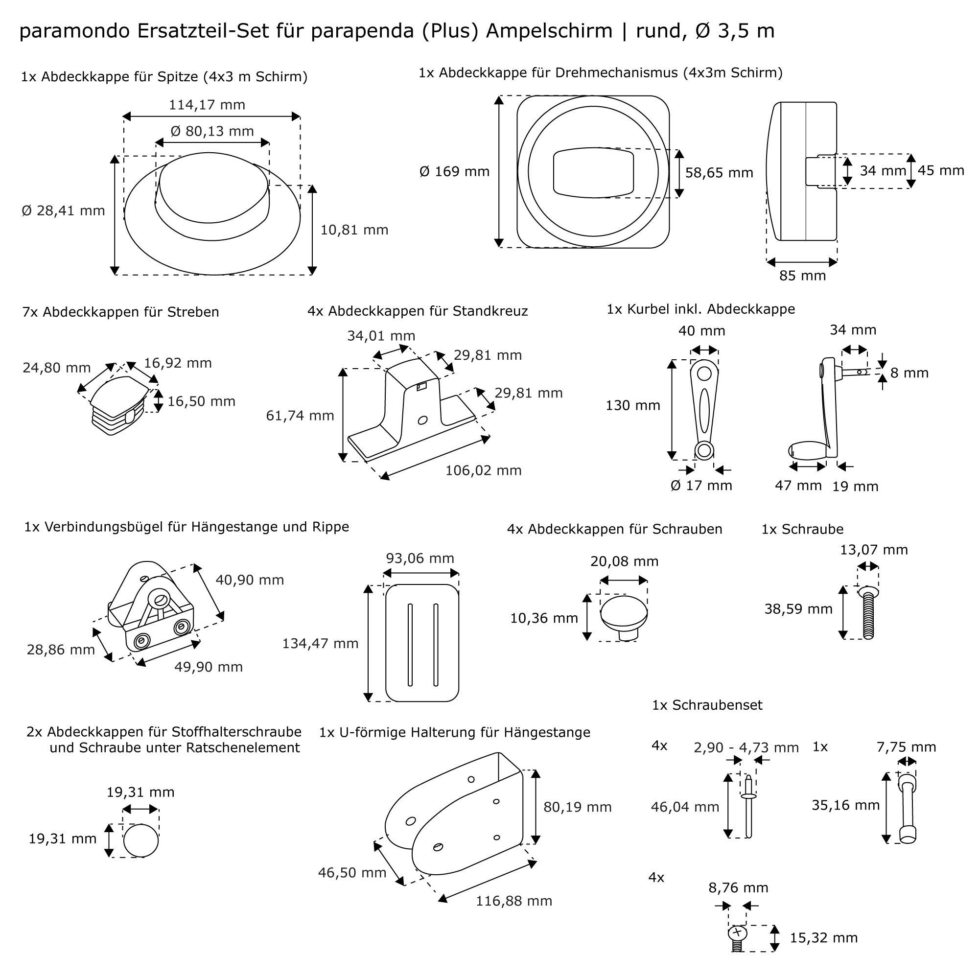Diagramm eines Ersatzteil-Sets für Ampelschirm mit Abdeckkappen, Kurbel und Halterungen