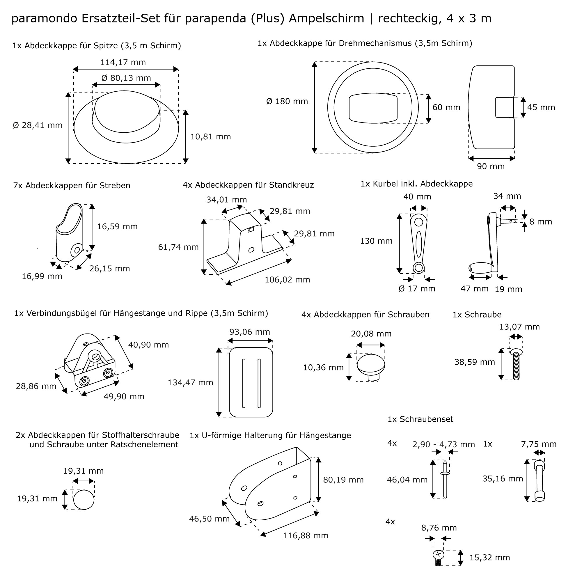 Diagramm eines Ersatzteil-Sets für Ampelschirm mit Abdeckkappen, Kurbel und Halterungen