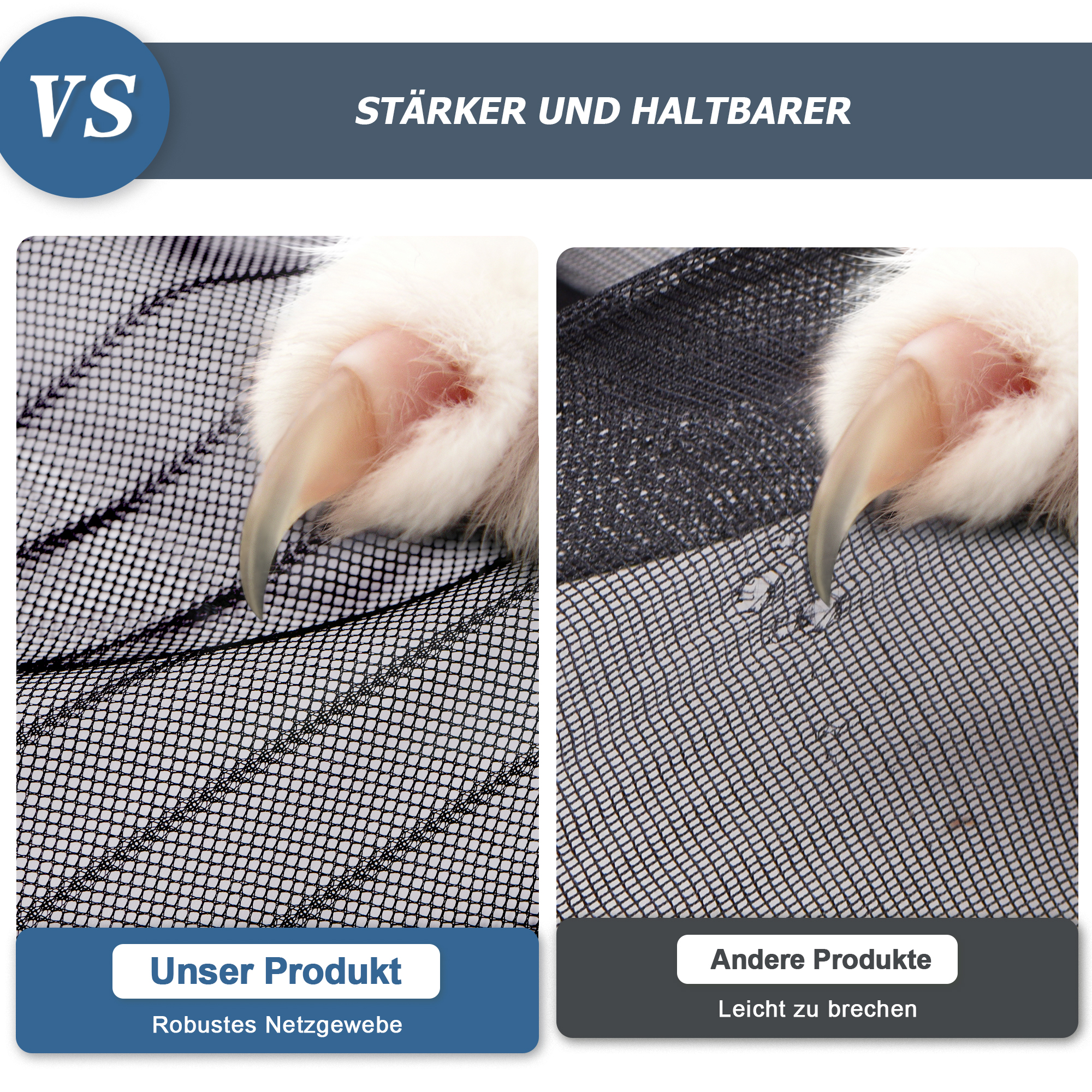 Krallen auf zwei Netzgeweben, links robust, rechts leicht beschädigt