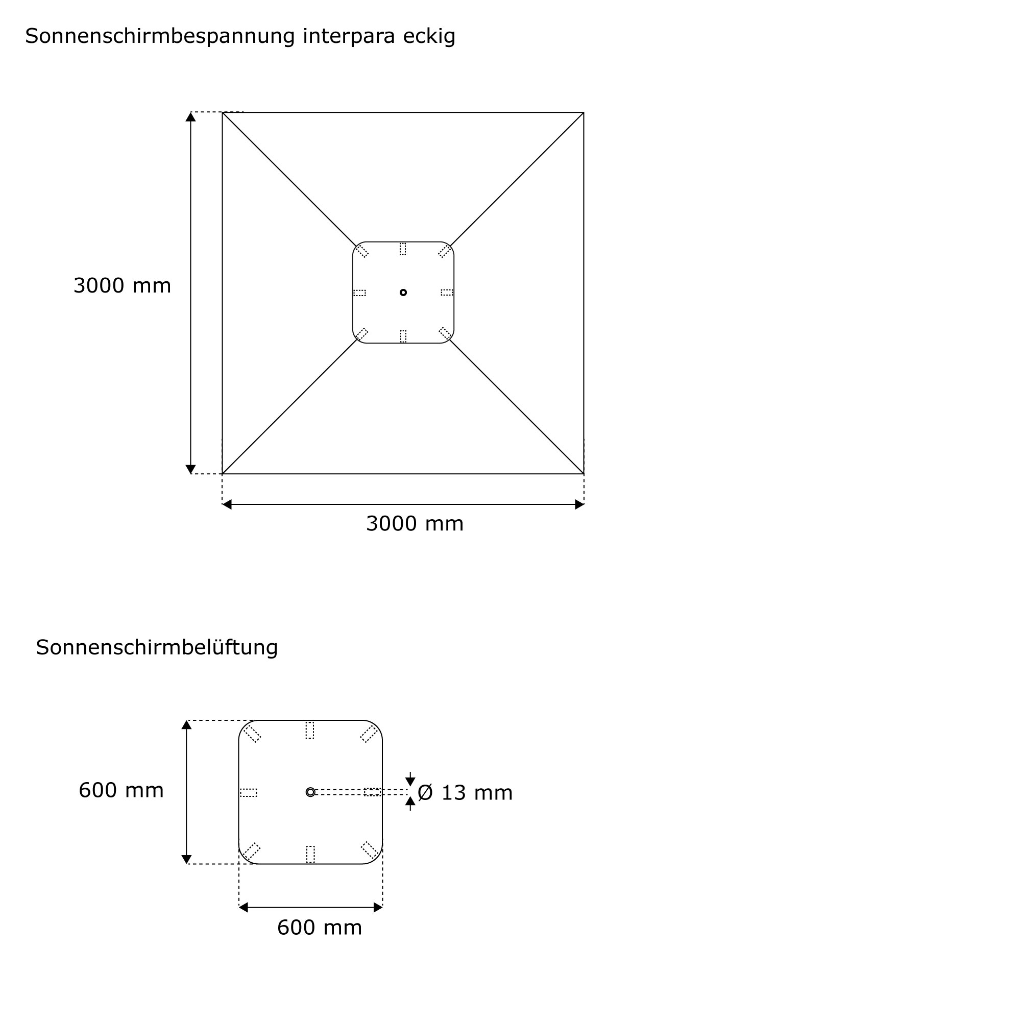Technische Zeichnung einer eckigen Sonnenschirmbespannung mit Belüftungselementen