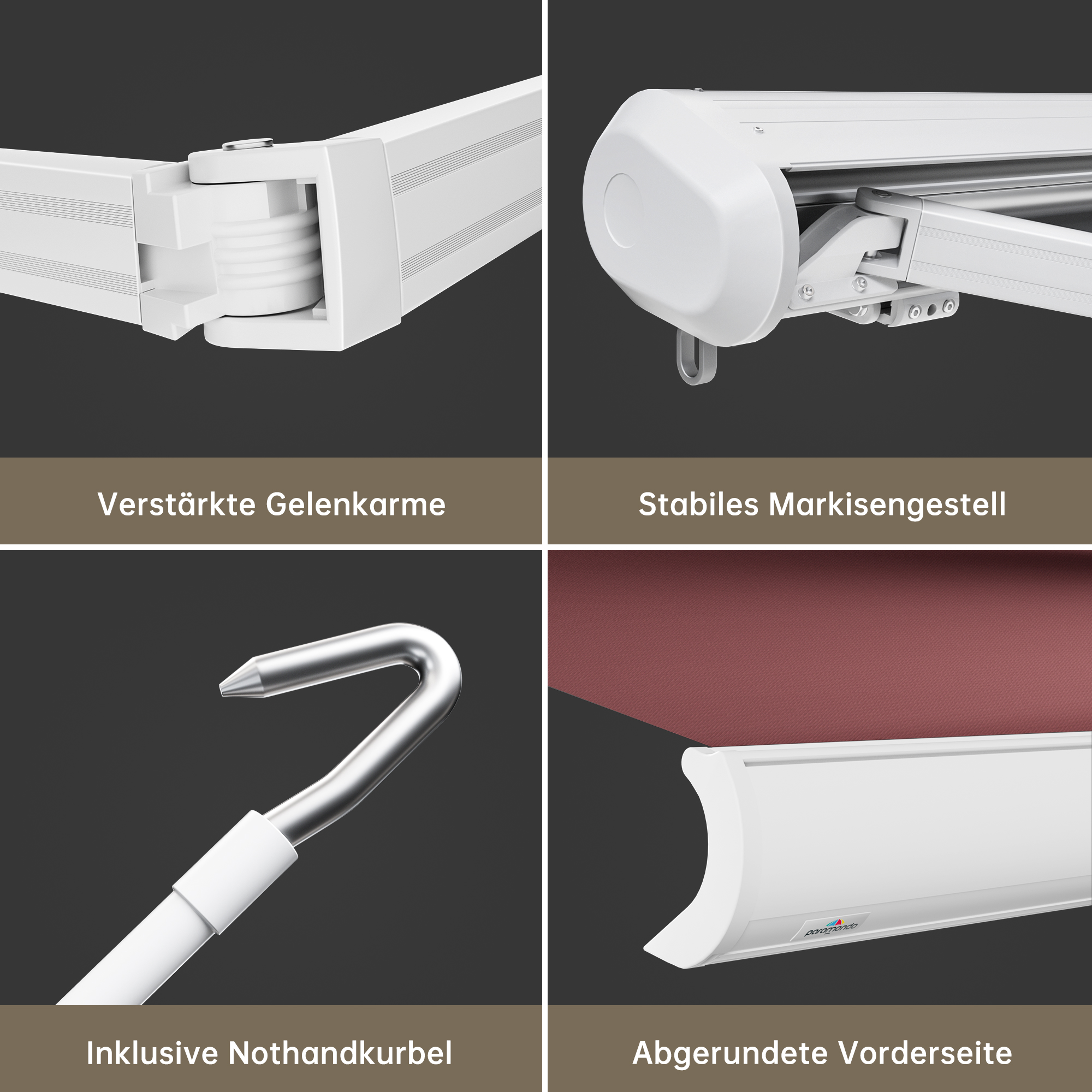 Kassettenmarkise Curve 2000 mit verstärkten Gelenkarmen und abgerundeter Vorderseite