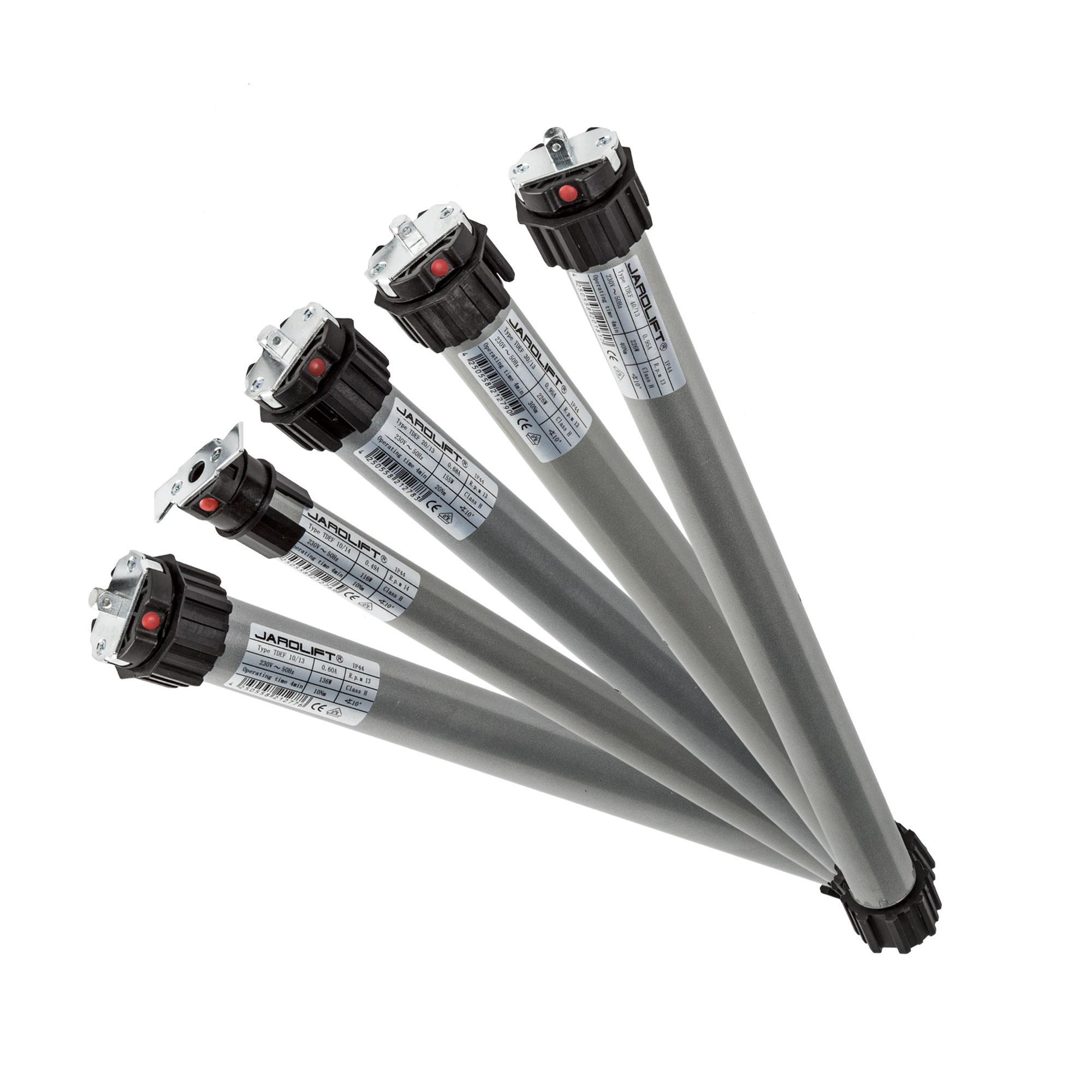 Fünf Funk-Rollladenmotoren in fächerartiger Anordnung mit technischen Details auf Etiketten