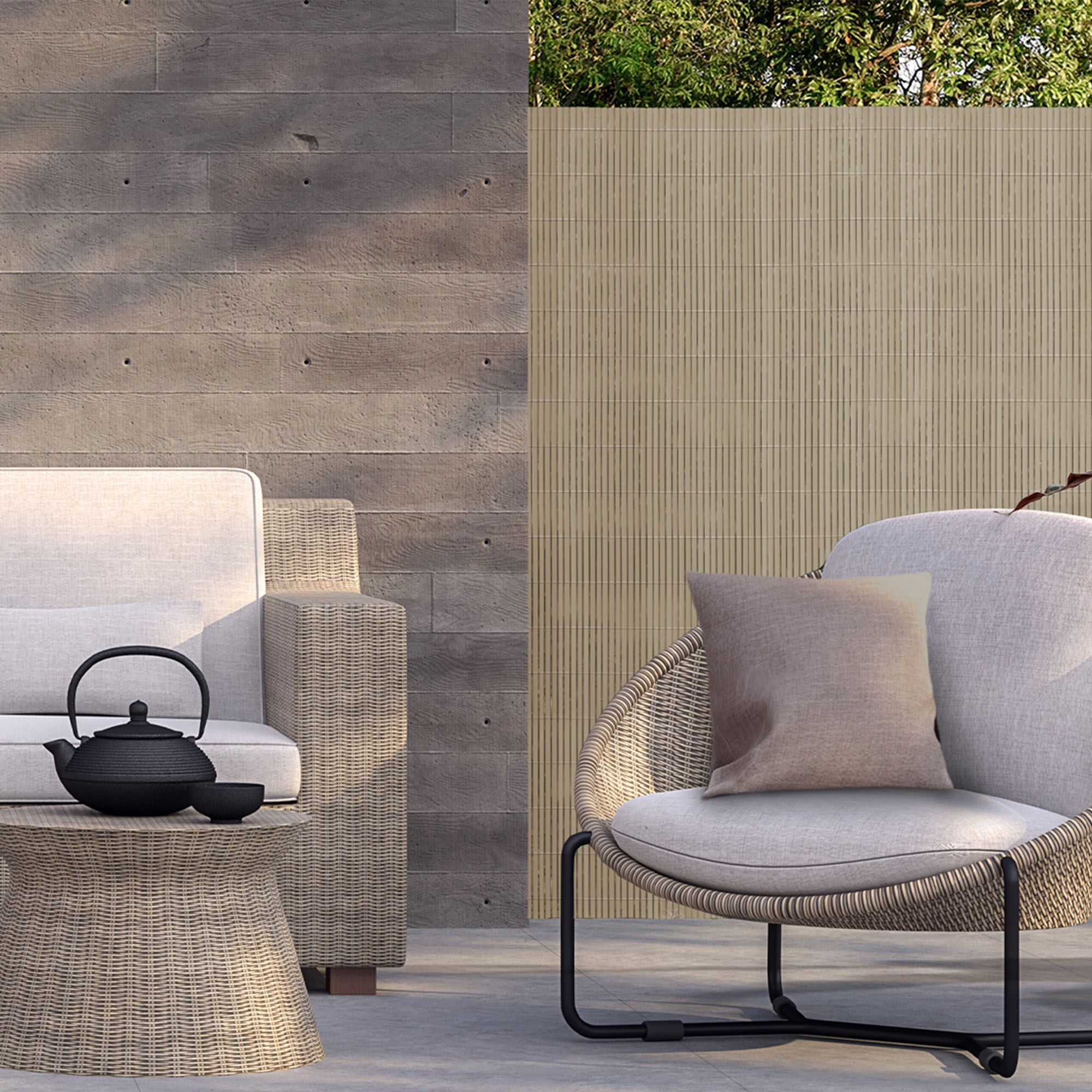 slider_image_d42305c1077f49c583b95aa3e98d8319 Sichtschutzmatte aus PVC auf Terrasse mit Möbeln und Teekanne im Vordergrund