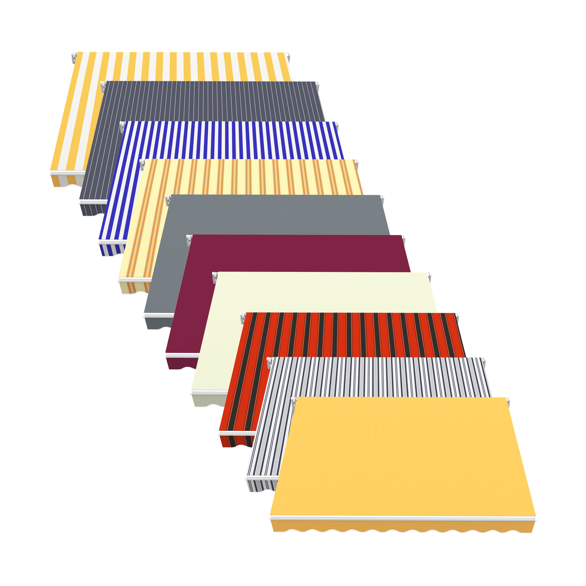 Gelenkarmmarkise Basic 2000 in verschiedenen Designs und Mustern in einer Reihe angeordnet