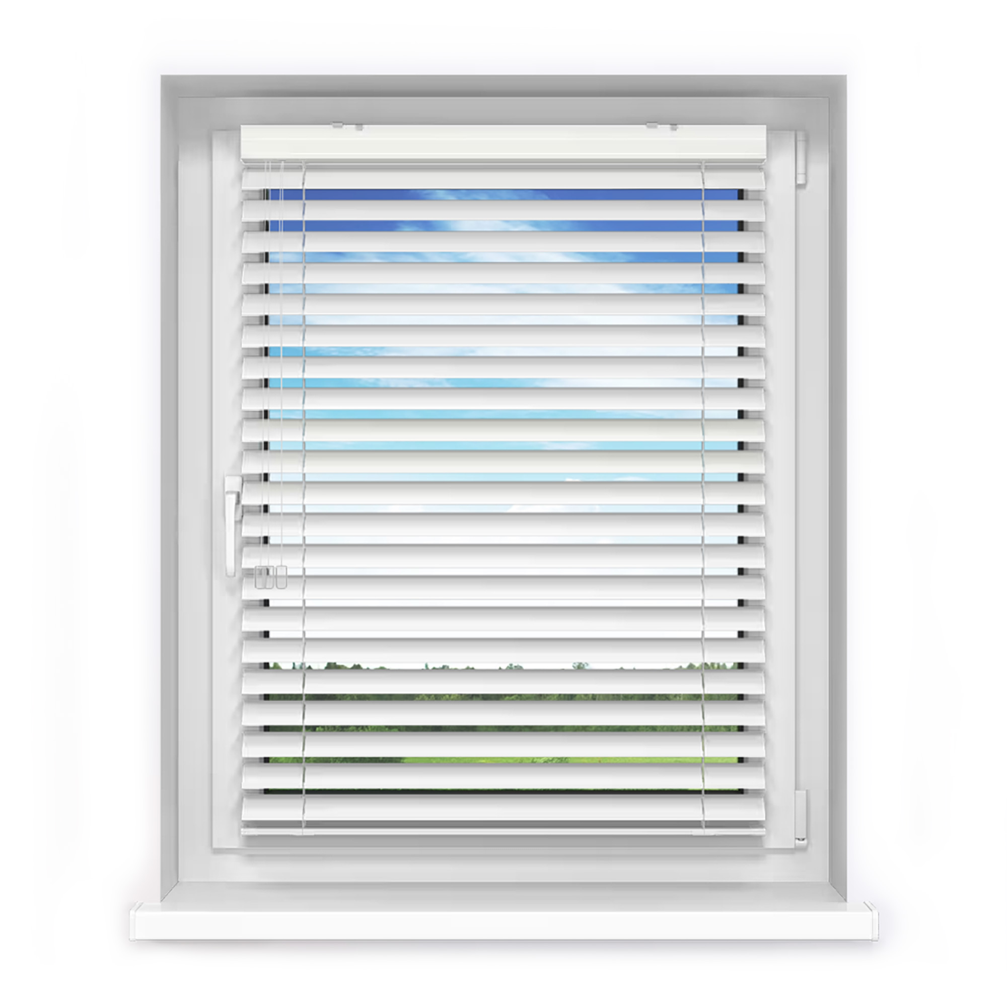 Aluminium-Jalousie an einem Fenster montiert, Lamellen horizontal ausgerichtet