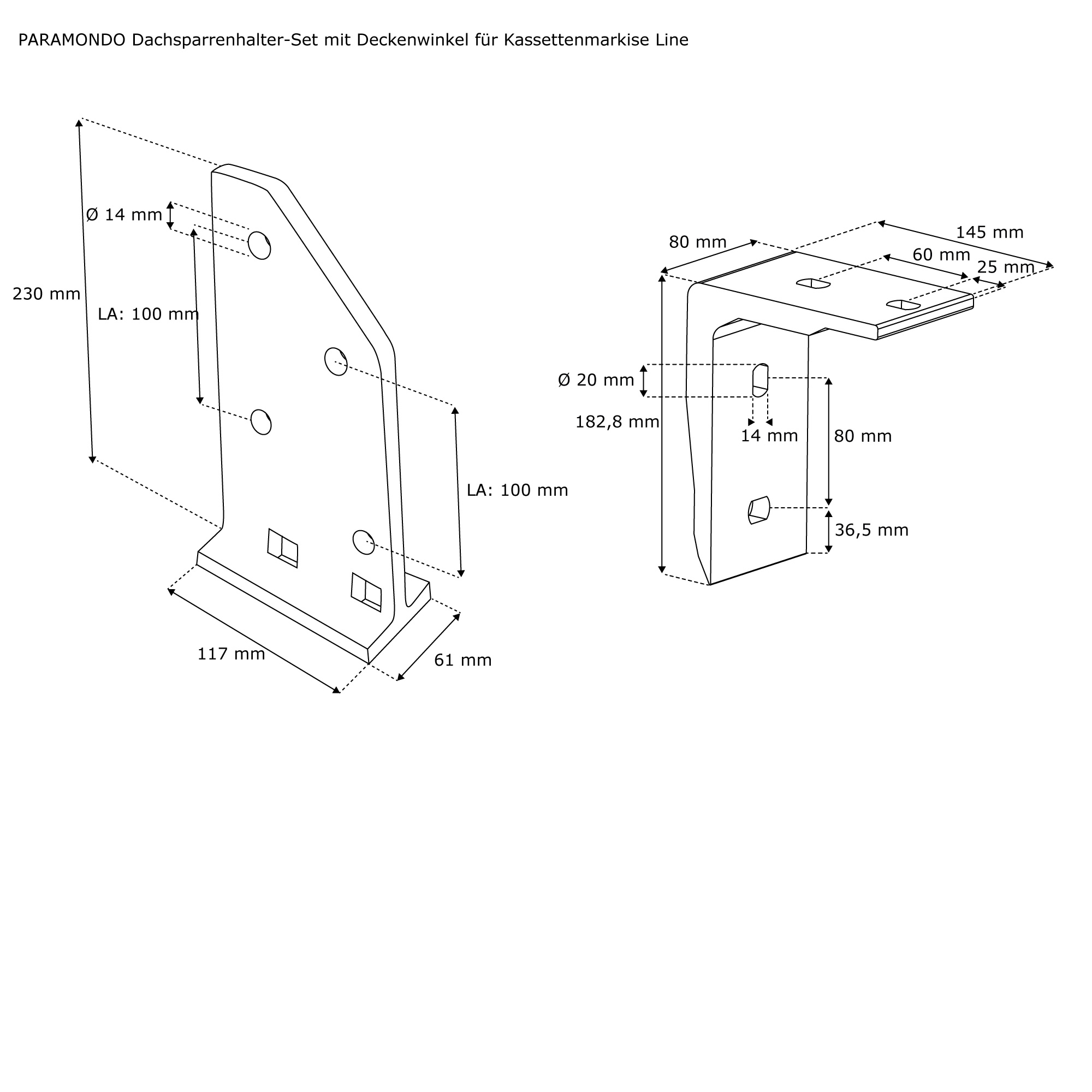 Diagramm eines Dachsparrenhalter-Sets mit Deckenwinkel für Kassettenmarkise Line