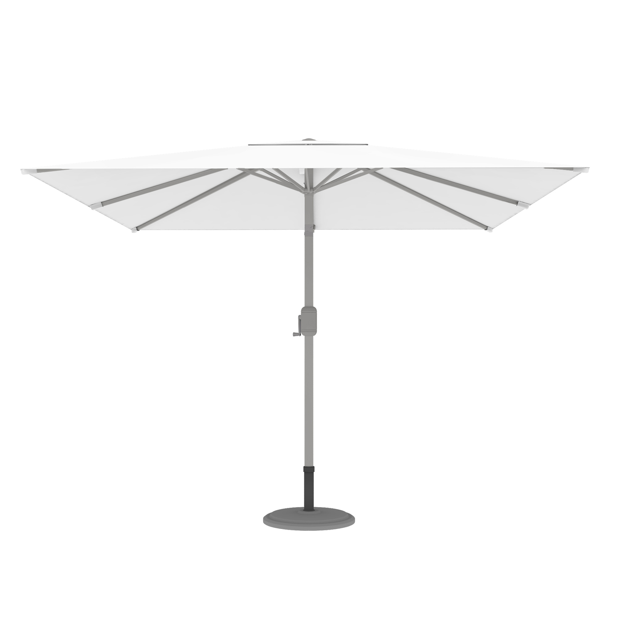 Moderner Sonnenschirm mit zentralem Mast und Kurbelmechanismus