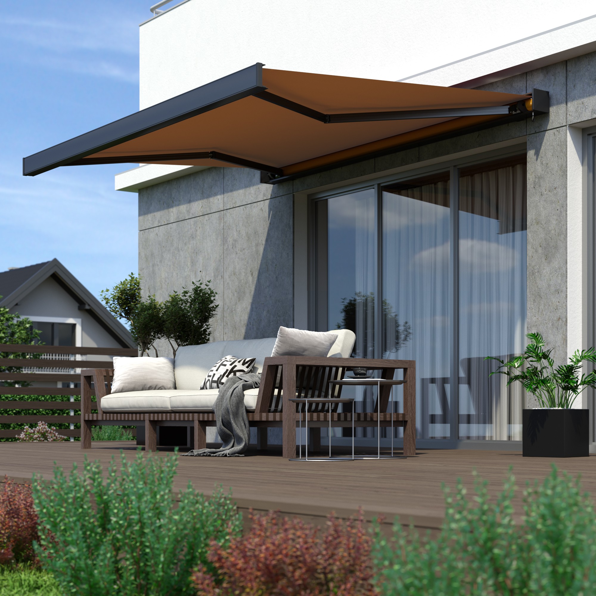 Kassettenmarkise Line über Terrasse mit Sitzbereich und Pflanzen