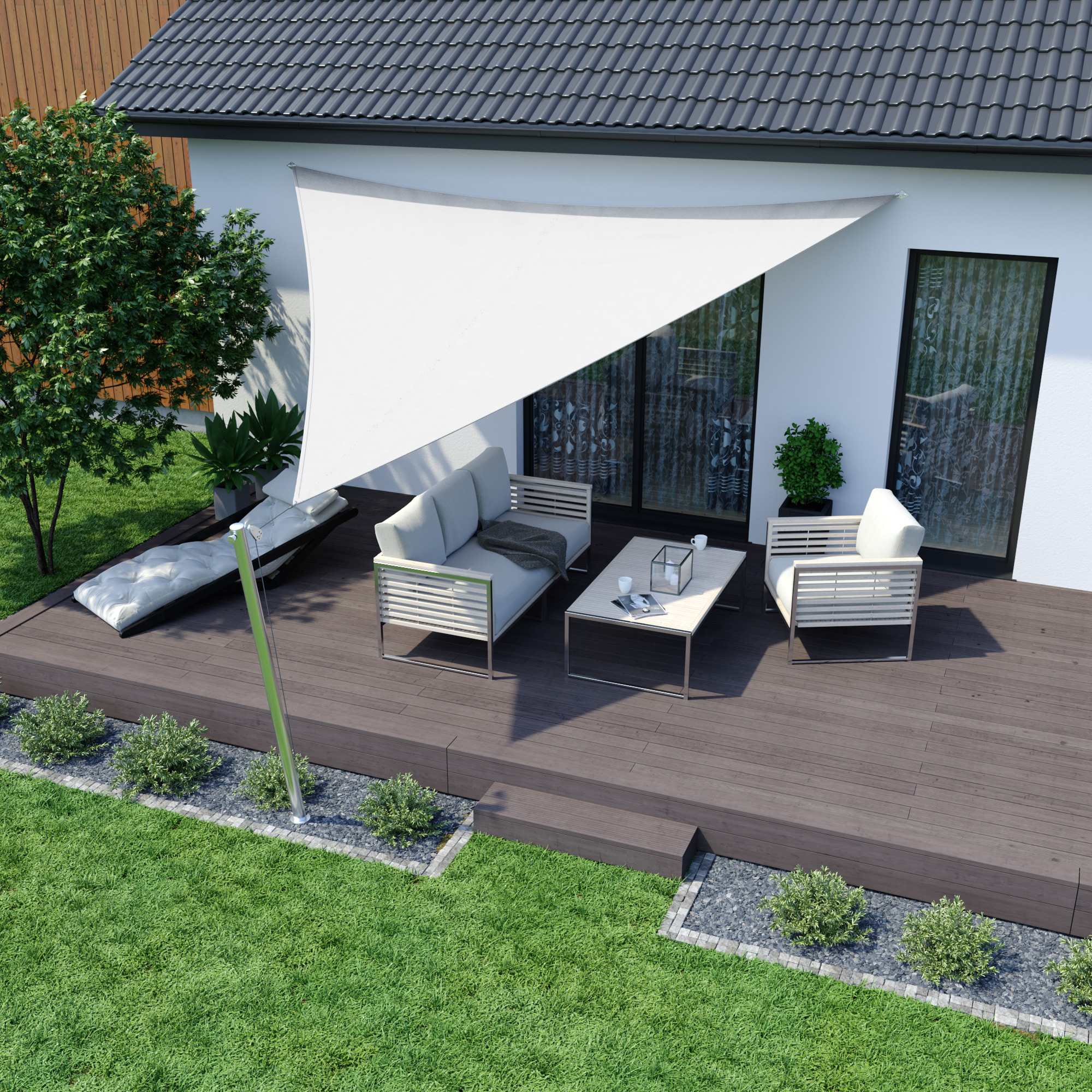 Sonnensegel über Terrasse mit Sitzgruppe, bietet Schatten und Schutz, atmungsaktives Material