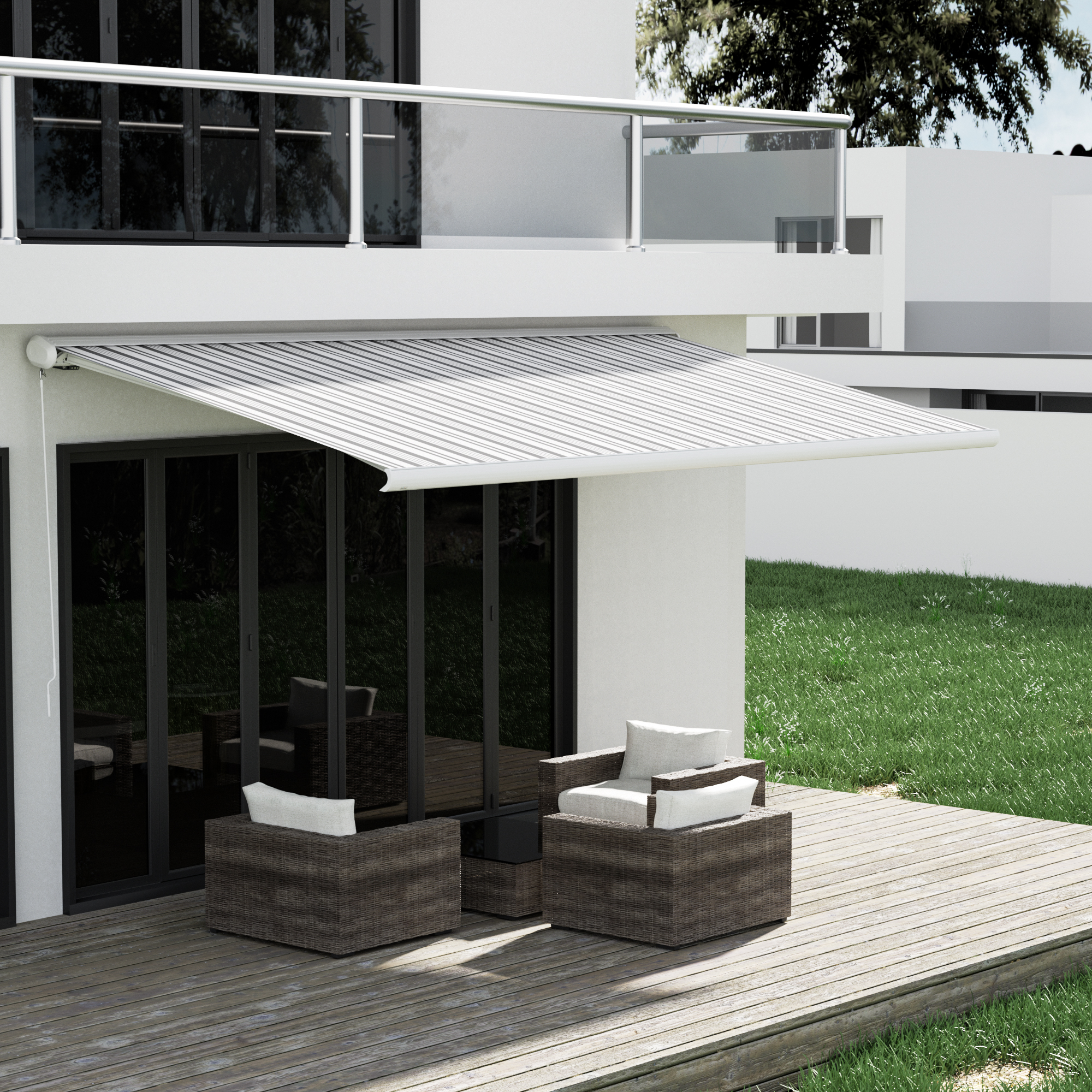 Terrasse mit Markise und Sitzmöbeln vor einem modernen Gebäude