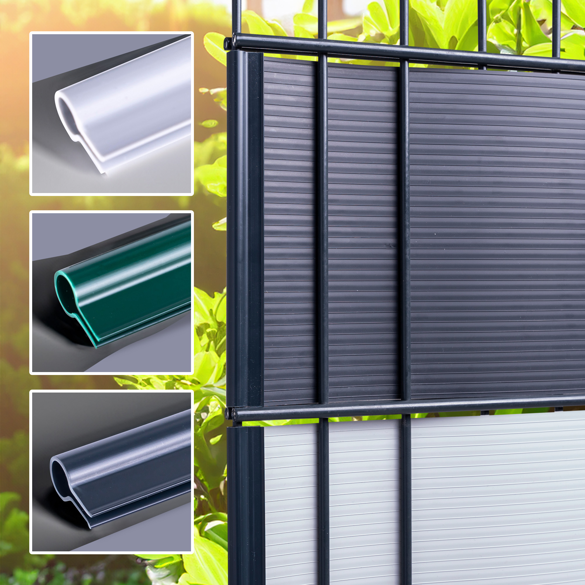 Befestigungsclips für PVC Sichtschutzstreifen an einem Zaun, Detailansichten der Clips