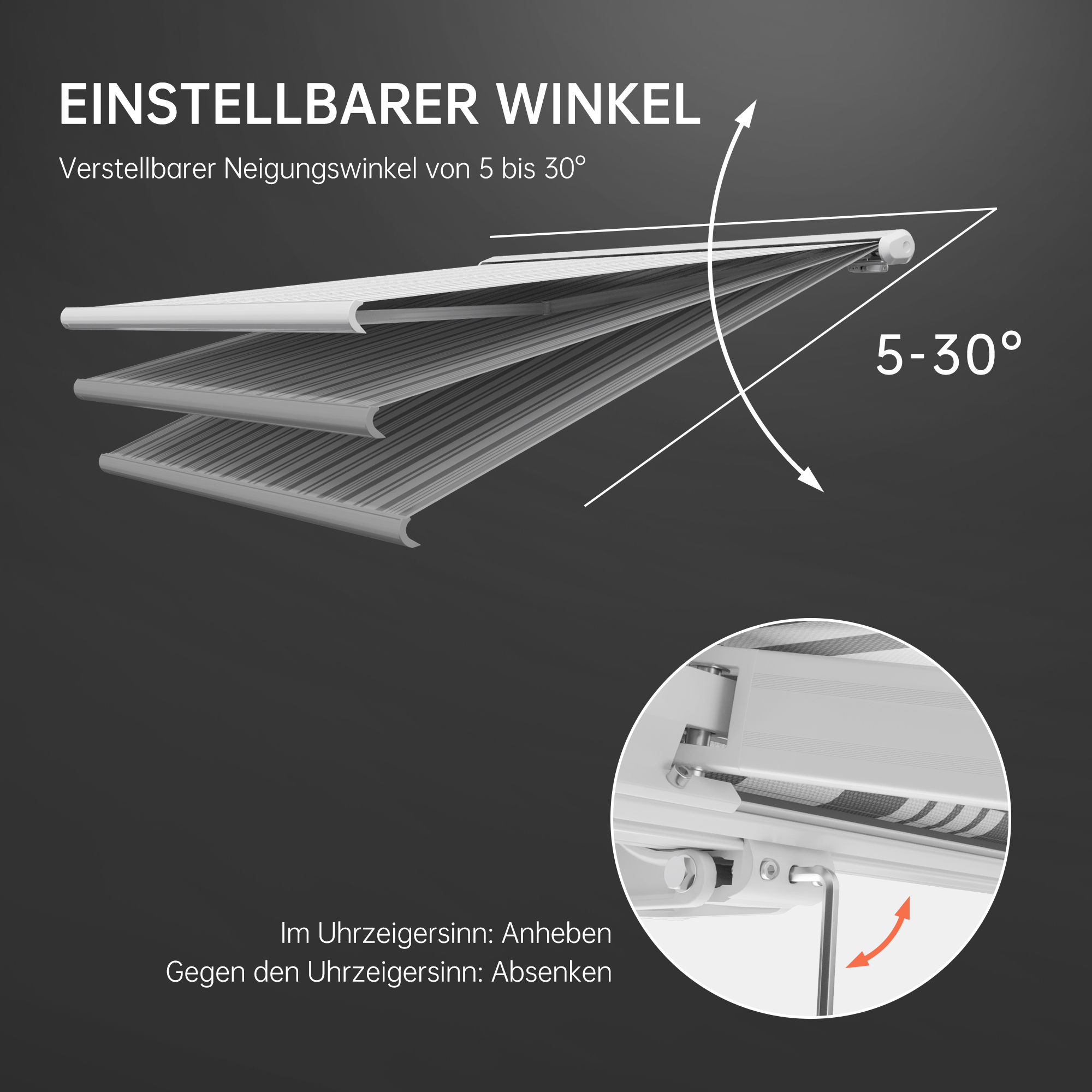 Kassettenmarkise mit verstellbarem Neigungswinkel von 5 bis 30 Grad