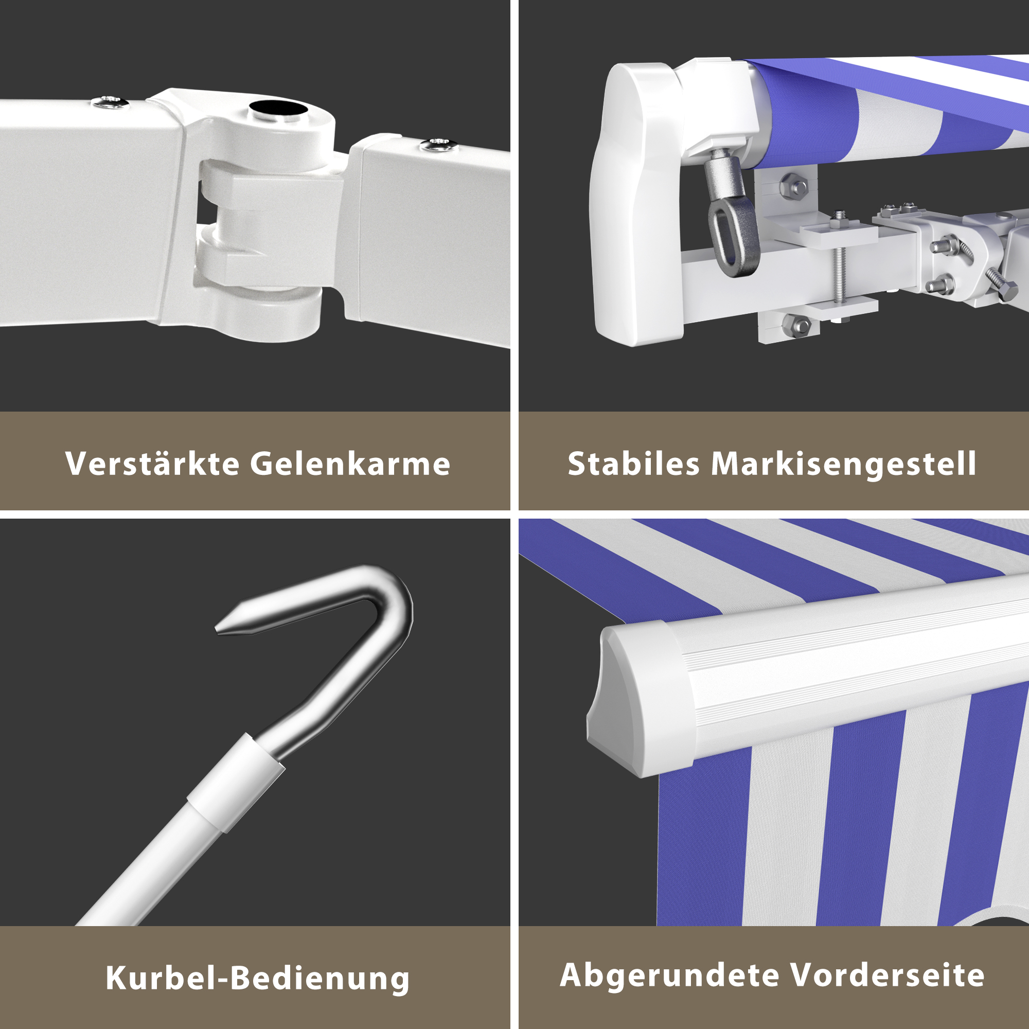 slider_image_01928fa675aa7f68a33caf03b1a84b50 Markise mit verstärkten Gelenkarmen, stabilem Gestell, Kurbel-Bedienung und abgerundeter Vorderseite
