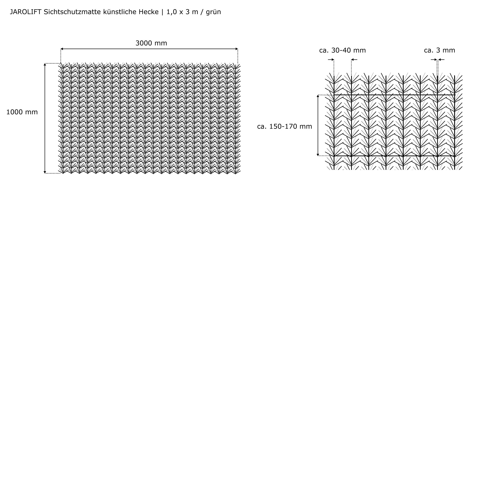 Diagramm einer künstlichen Sichtschutzmatte mit Heckenstruktur und Maßangaben