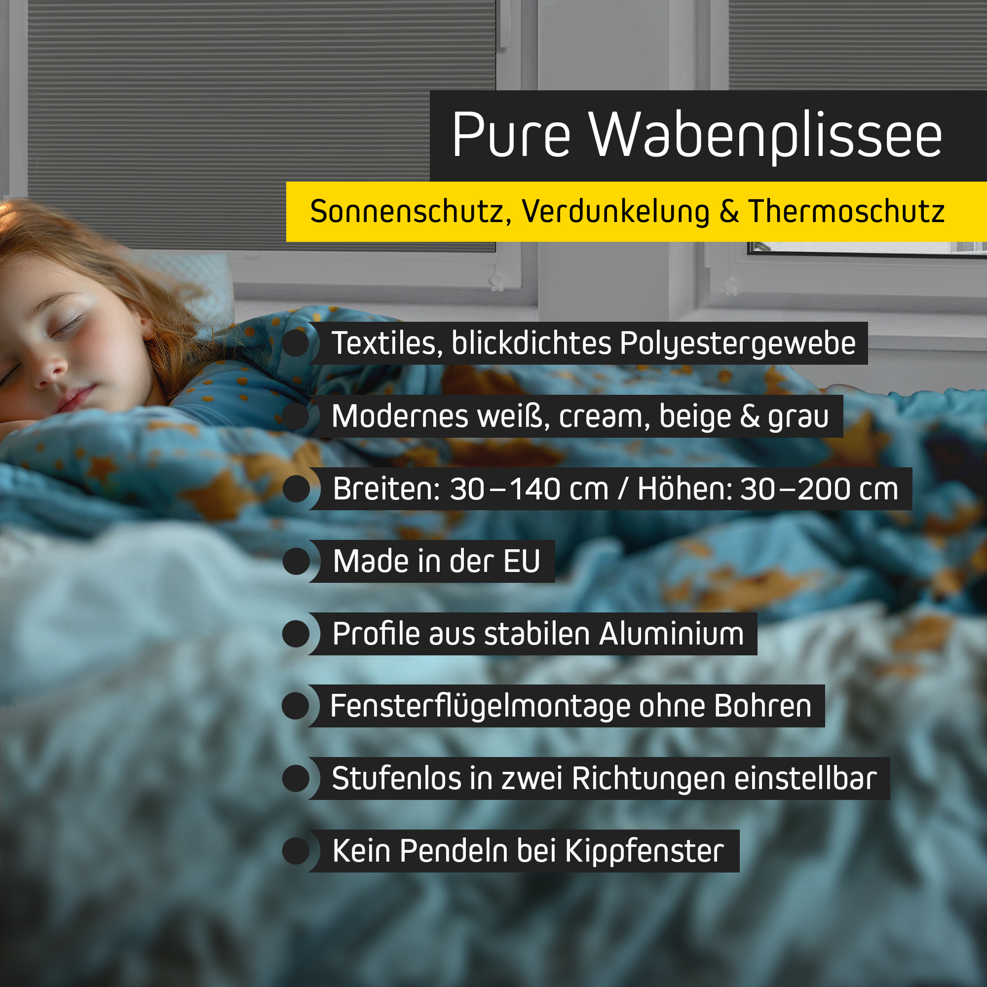Wabenplissee am Fenster für Sonnenschutz und Verdunkelung, Kind schläft im Vordergrund