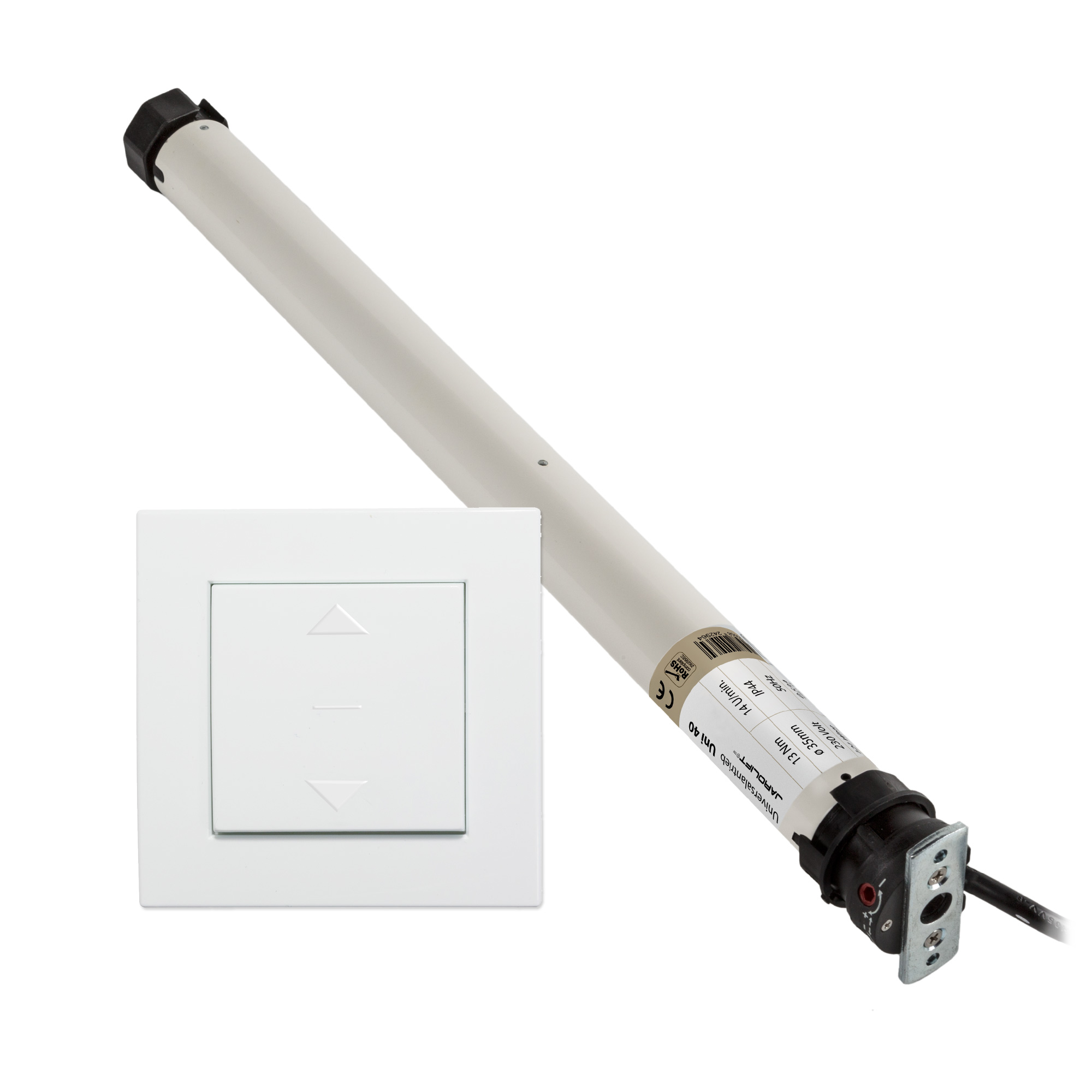 Rollladenmotor mit Steuerung und Kabel für automatisierte Rollladenbedienung