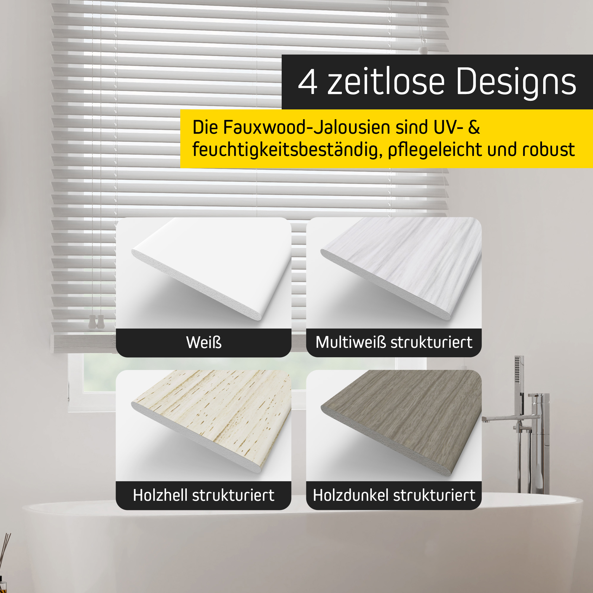 Jalousie in Holzoptik mit vier Designoptionen und UV-beständiger Funktionalität