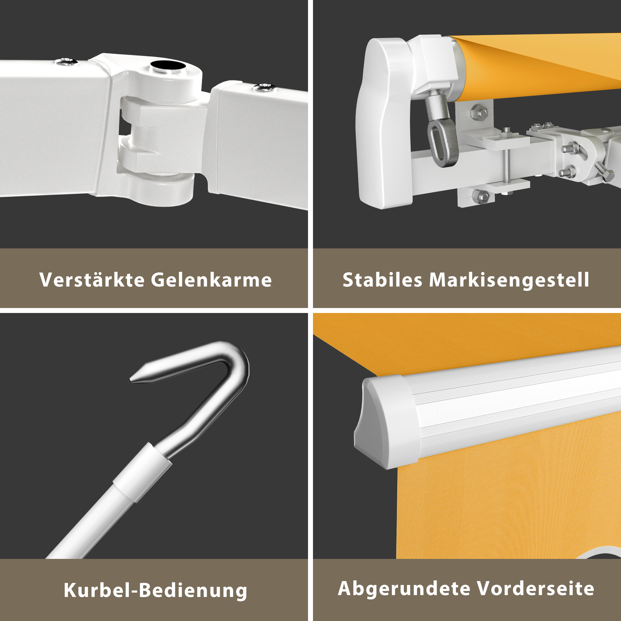 Markise mit verstärkten Gelenkarmen, stabilem Gestell, Kurbel-Bedienung und abgerundeter Vorderseite