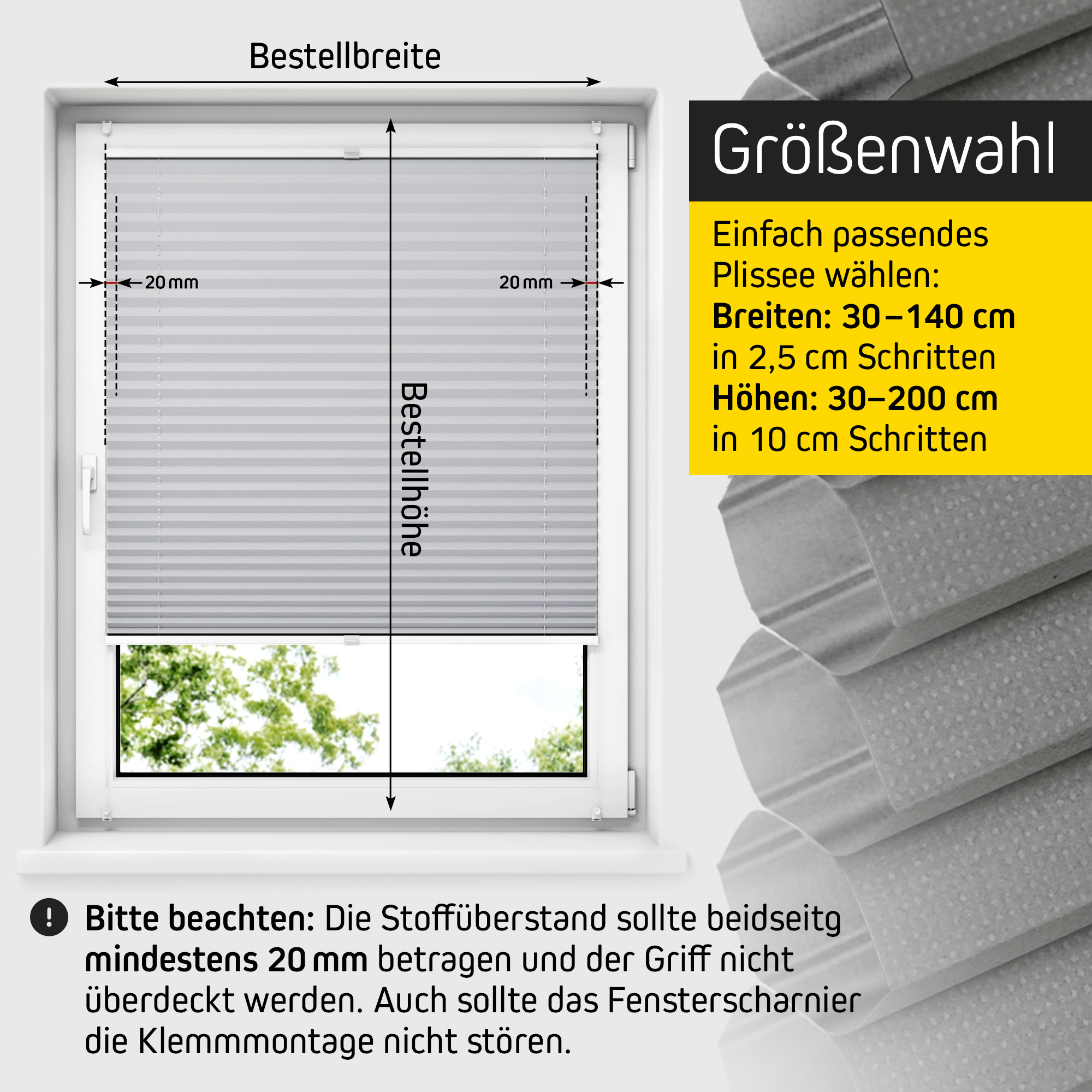 Fenster mit montiertem Wabenplissee, Größenoptionen und Montagehinweise angezeigt
