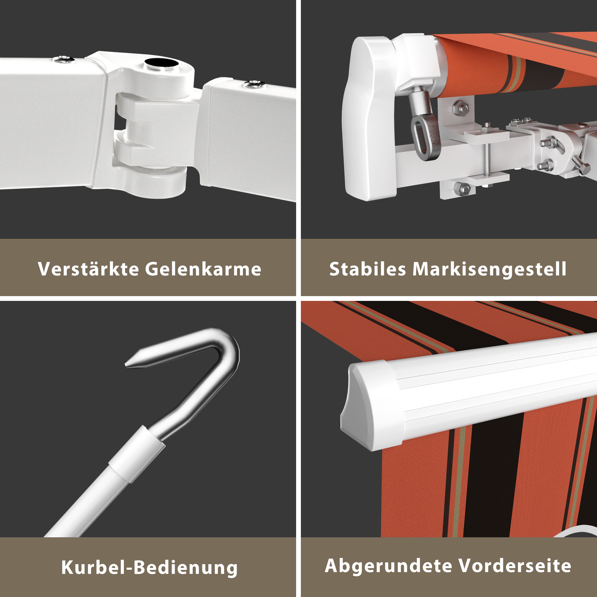 Markise mit verstärkten Gelenkarmen, stabilem Gestell, Kurbel-Bedienung und abgerundeter Vorderseite