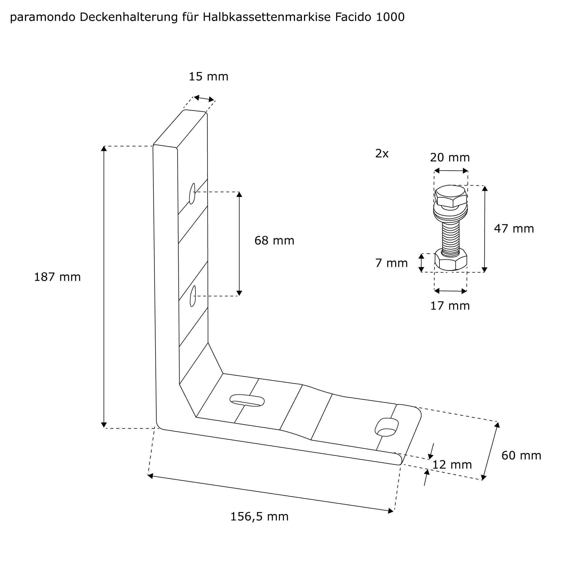Deckenhalterung für Halbkassettenmarkise Facido 1000 mit Schrauben und Maßen in Millimetern