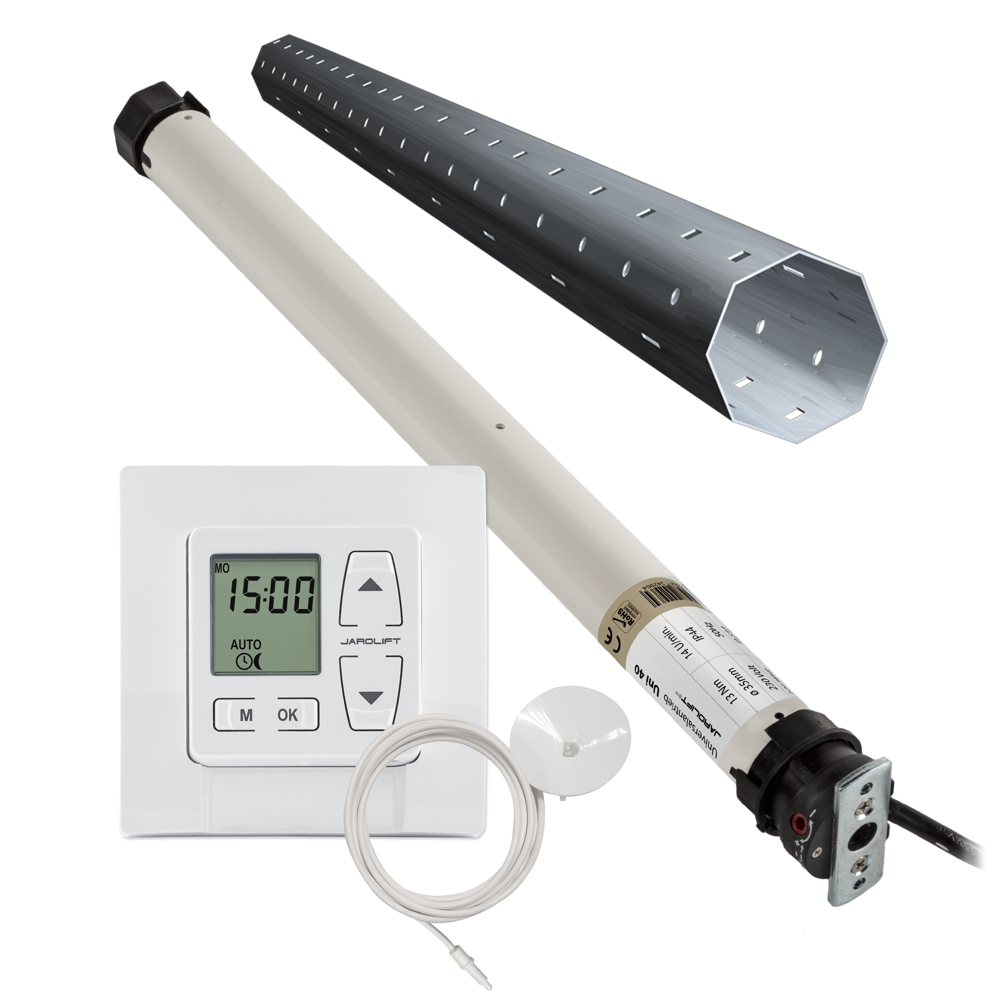 Rollladenmotor mit Steuerung und Kabel für automatisierte Rollladenbedienung