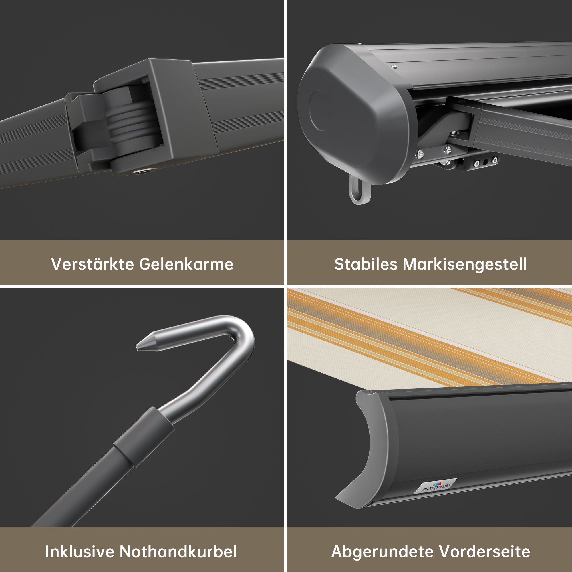 Kassettenmarkise Curve 2000 mit verstärkten Gelenkarmen und abgerundeter Vorderseite