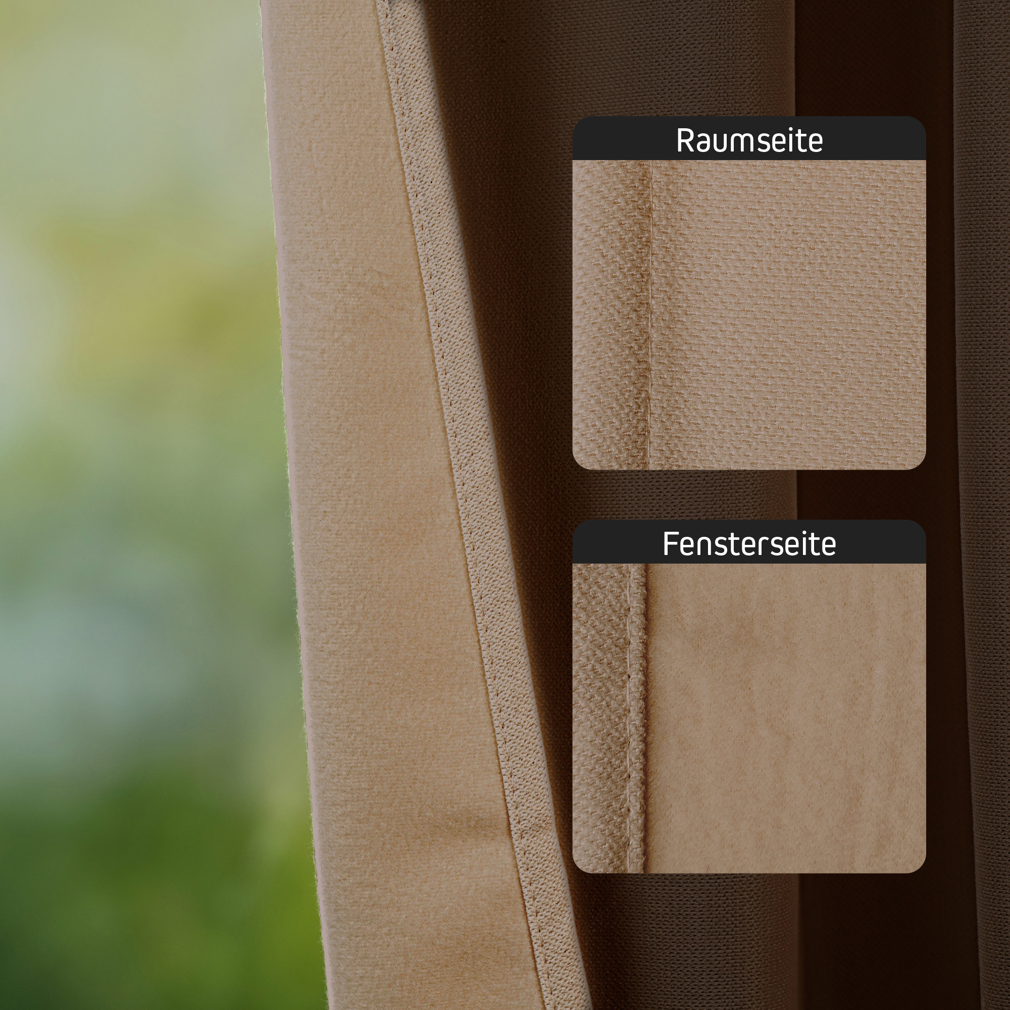 Thermo-Vorhang mit Kombiband, zeigt Raum- und Fensterseite in Detailansicht