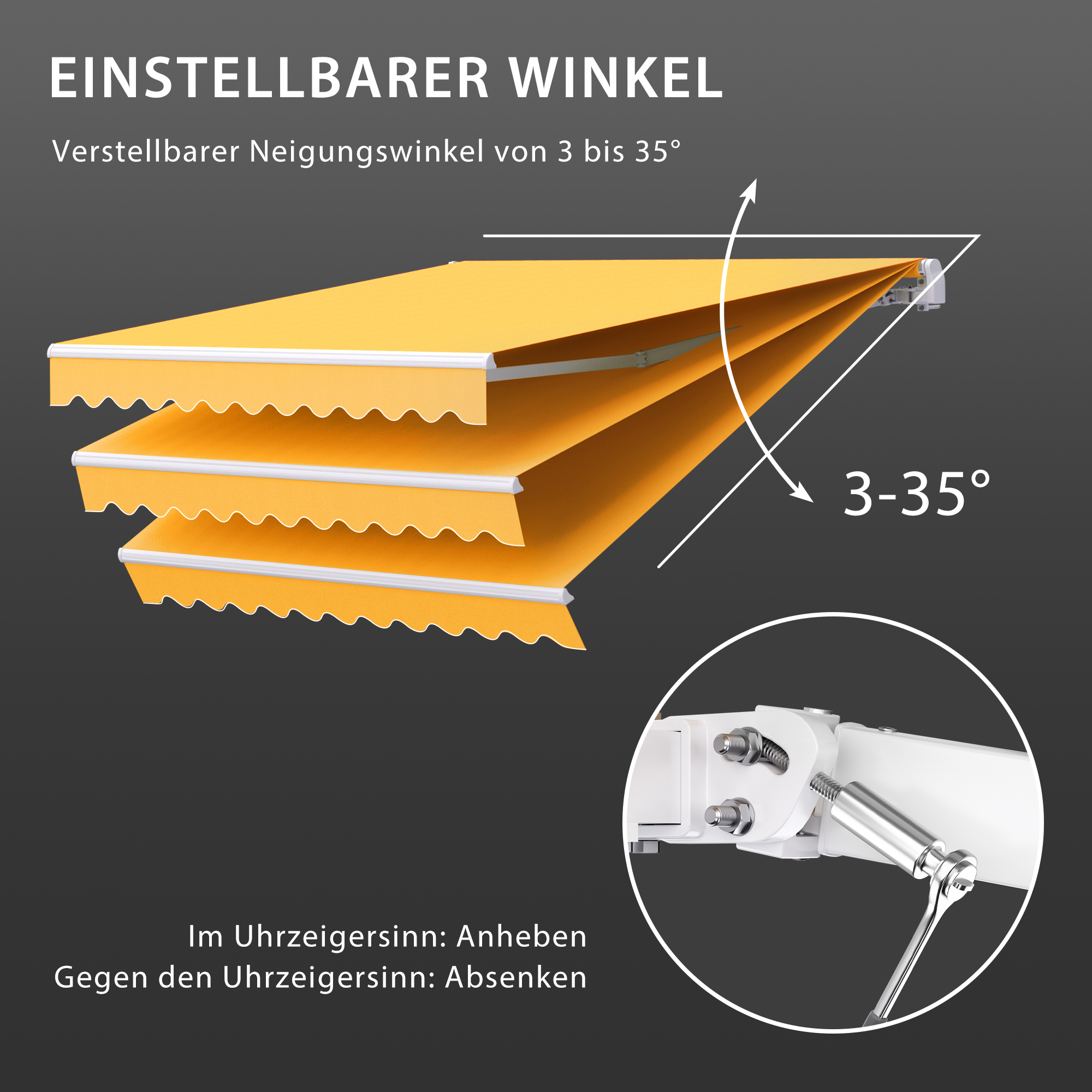 Verstellbare Markise mit Neigungswinkel von 3 bis 35 Grad, Hebelmechanismus zur Einstellung