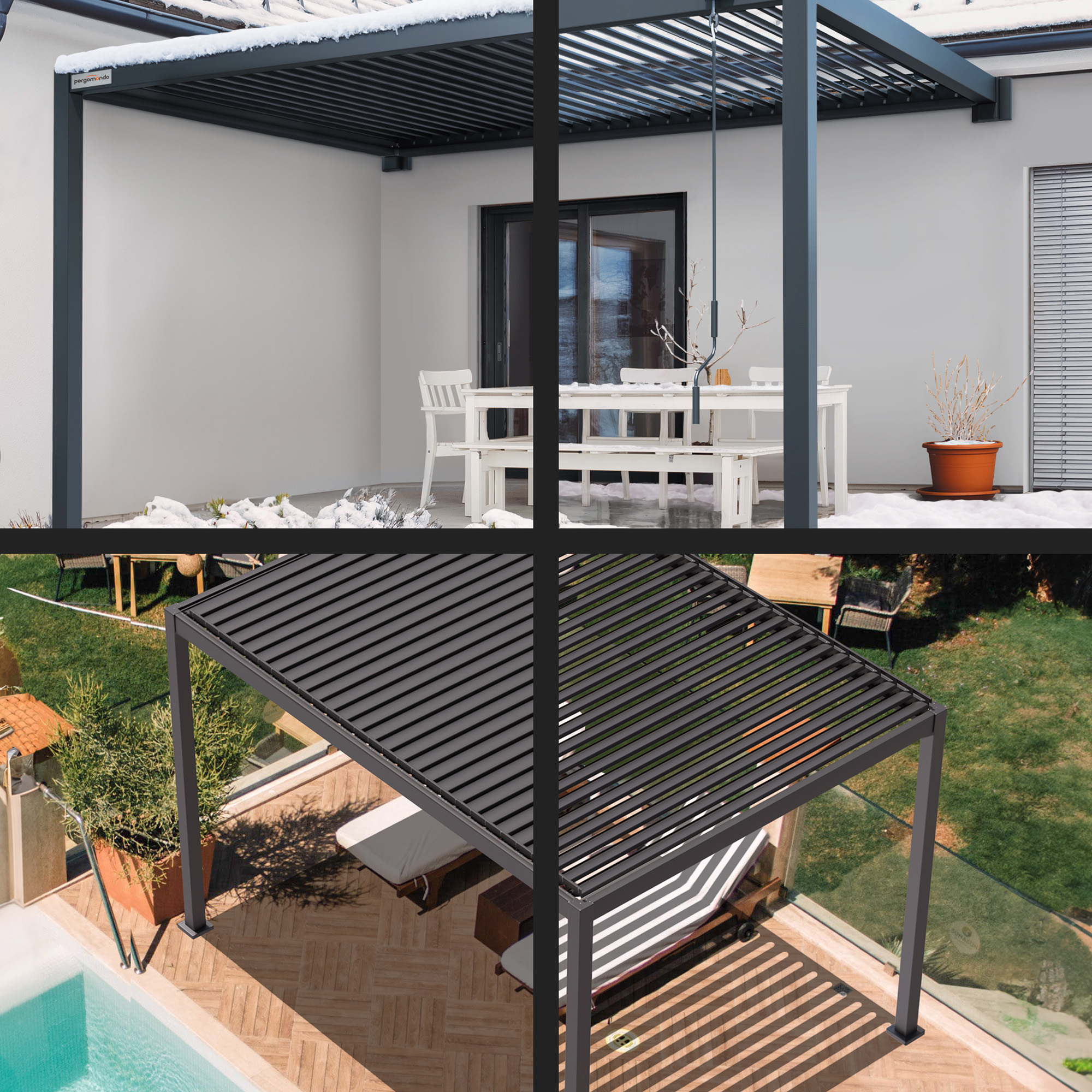 Pergola mit Lamellendach über Terrasse und Gartenbereich