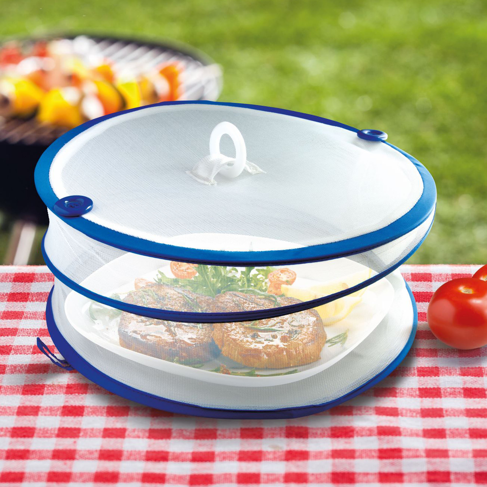 Fliegenhaube über Teller auf Tisch im Freien, schützt Essen vor Insekten
