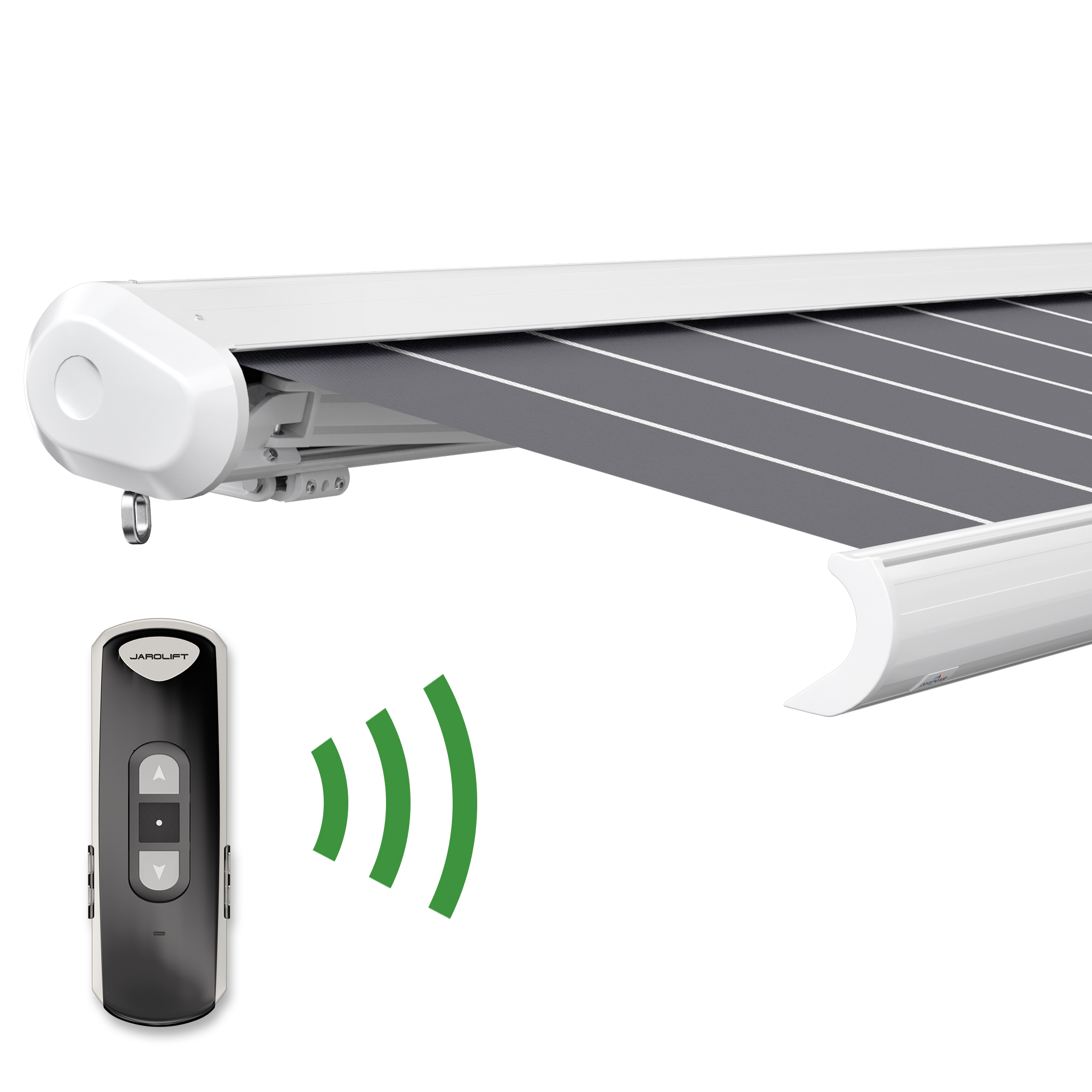 slider_image_01929048fd267a1d8ff78bfee9da7c63 Kassettenmarkise mit Fernbedienung, zeigt Tuch und Gehäuse der Markise