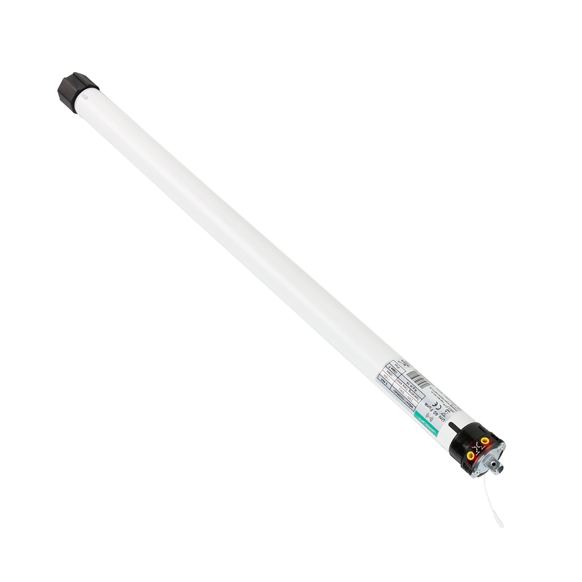 slider_image_8055bfe8800348d3a0ba8028af6b5483 Zwei zylindrische Funk-Rollladenmotoren mit Kabelanschlüssen und Beschriftungen