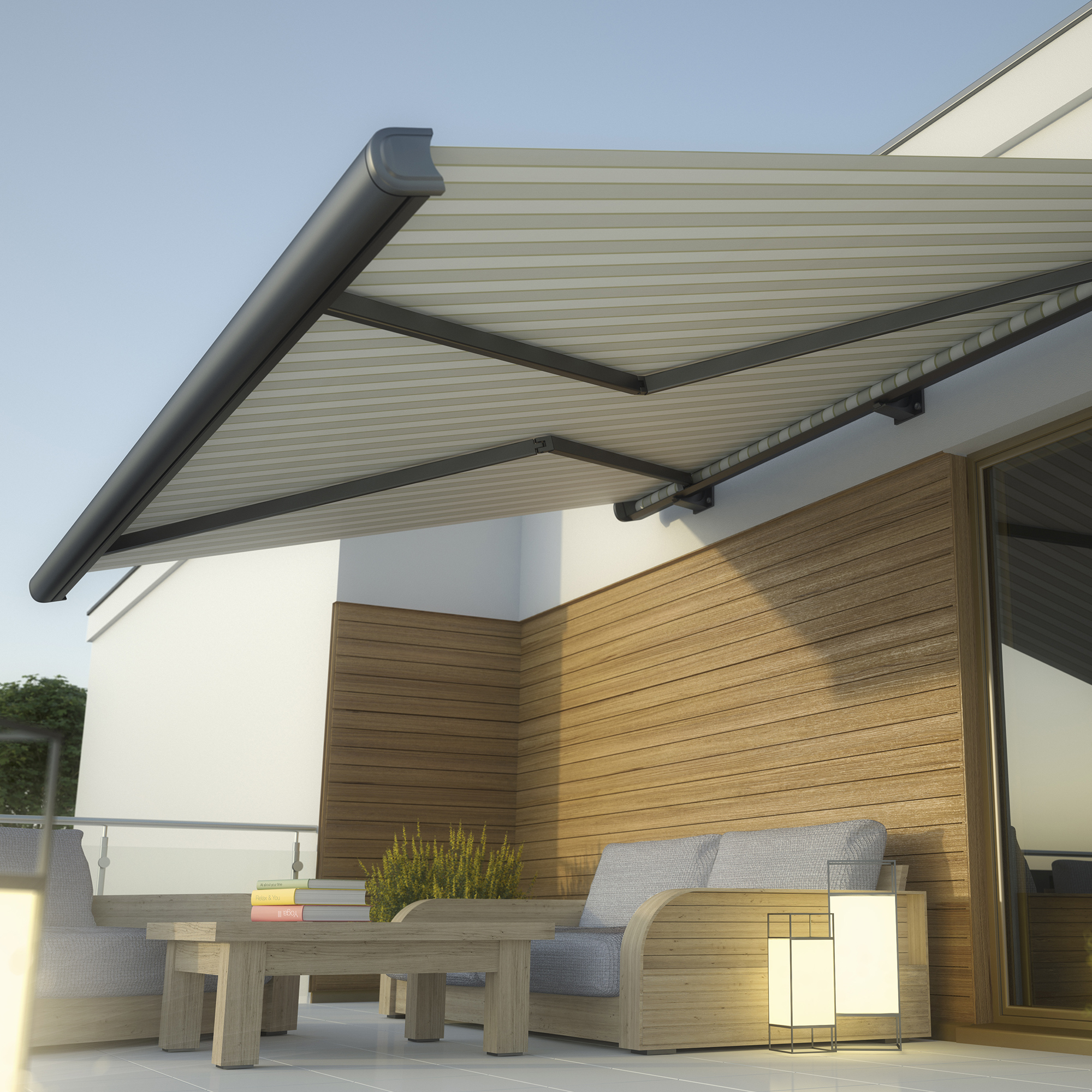 slider_image_01931a32eae47a169c022f5eec6a29df Terrasse mit ausgefahrener Gelenkarmmarkise und Sitzmöbeln im Freien